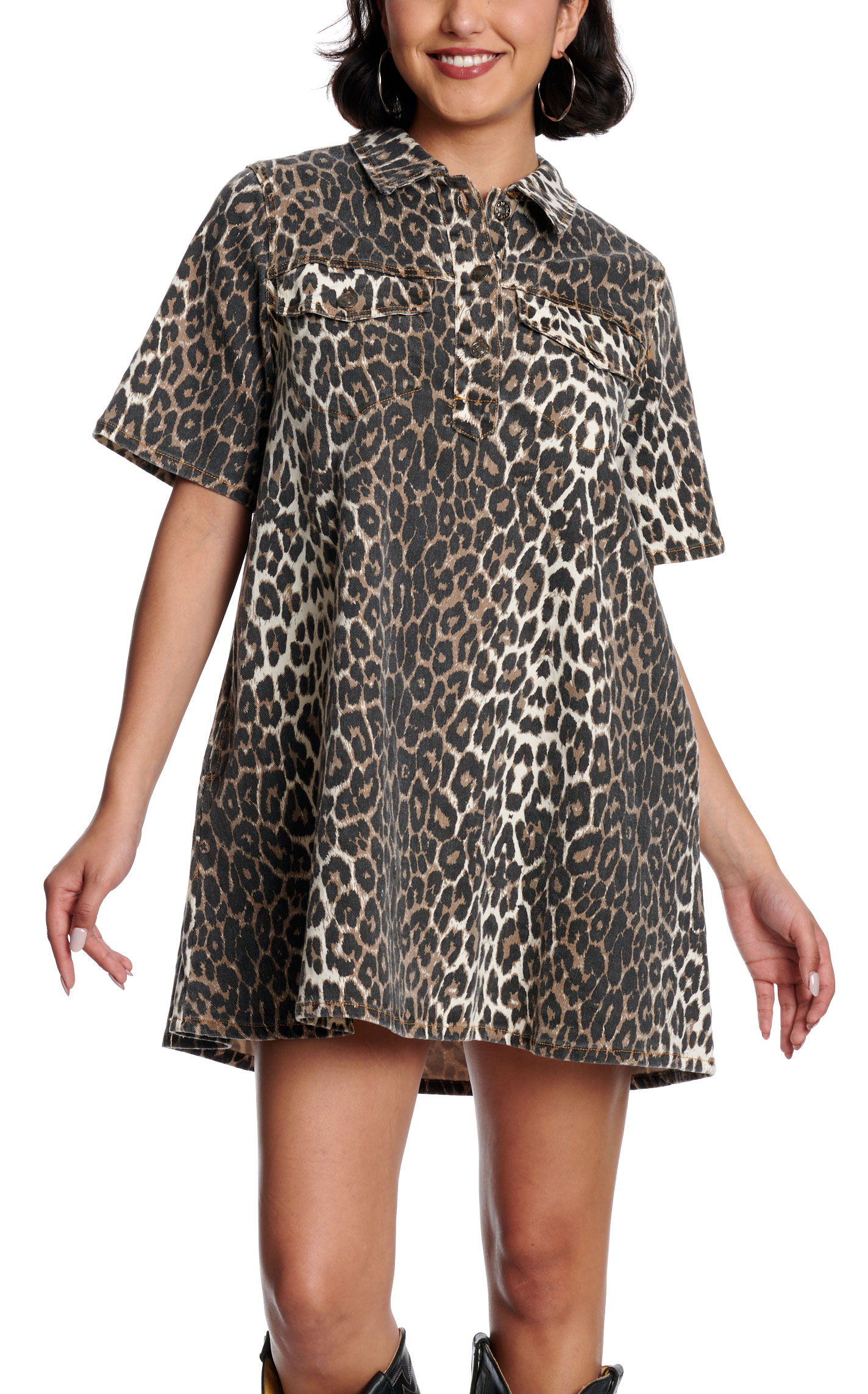 Blue B Women's Leopard Print Button Up Denim Dress - Image 1