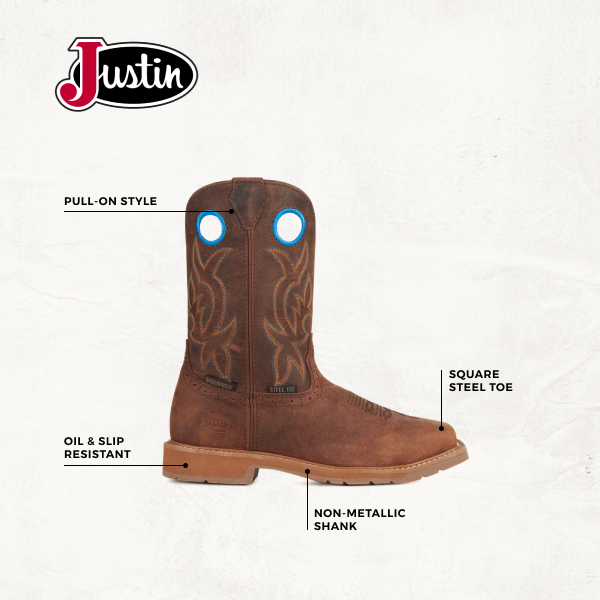 Justin Men's All Around Walnut Brown Waterproof Square Steel Toe Work Boots - Image 1