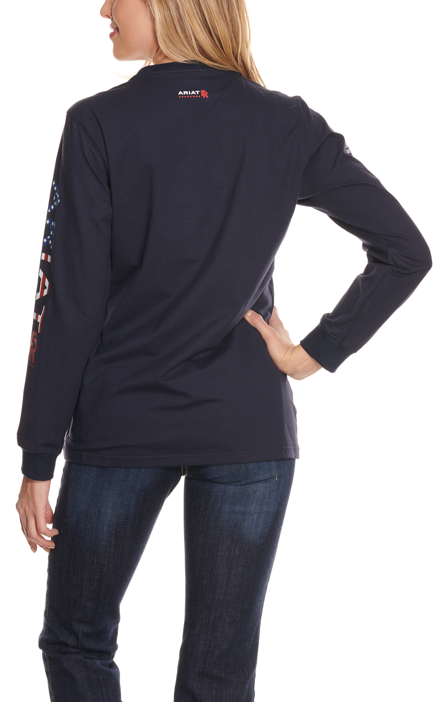 Ariat Women's Navy USA Flag Logo Long Sleeve Stretch FR T-Shirt - Image 1