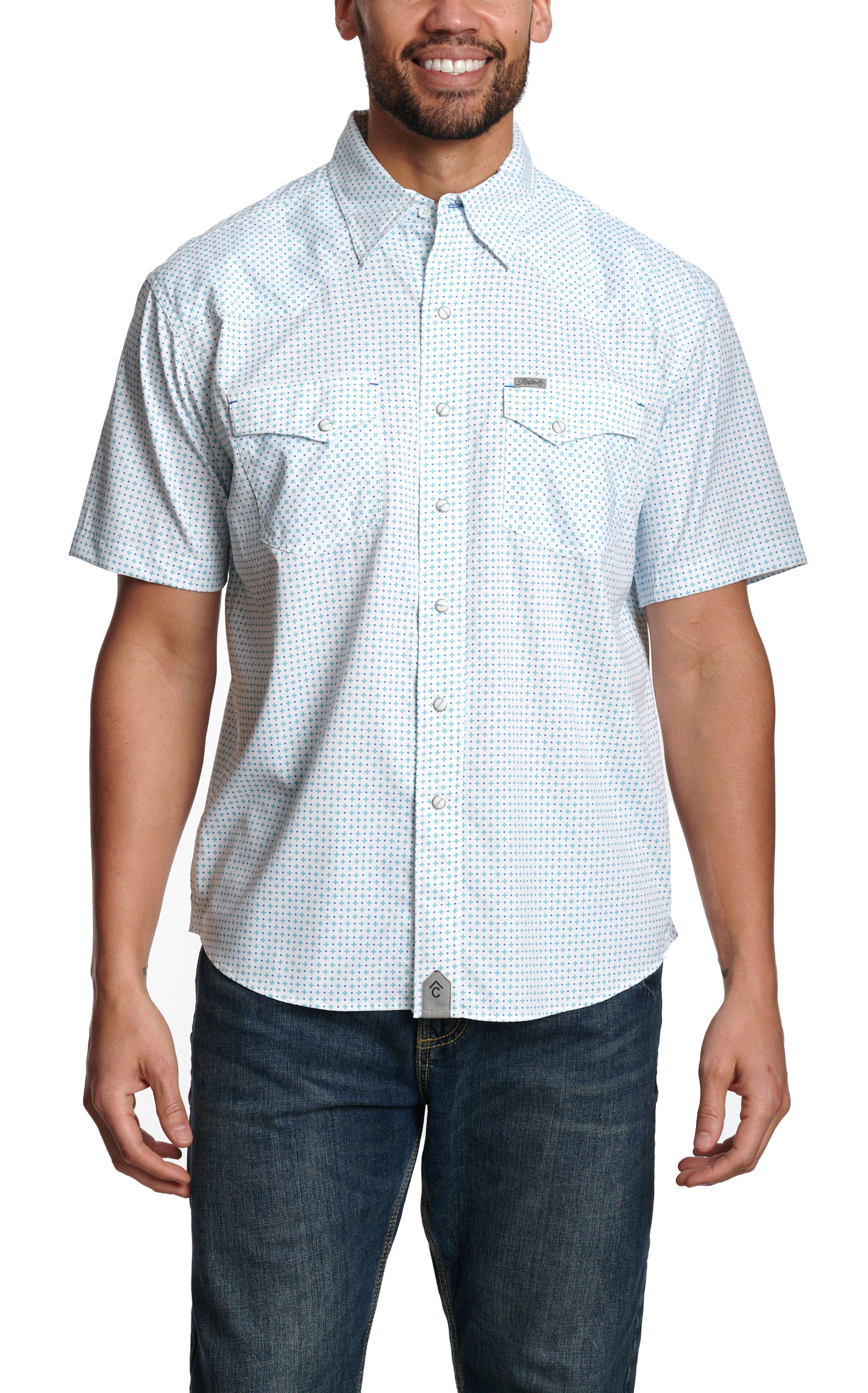 Rafter C Men's White & Turquoise Geo Print Western Shirt - Image 1