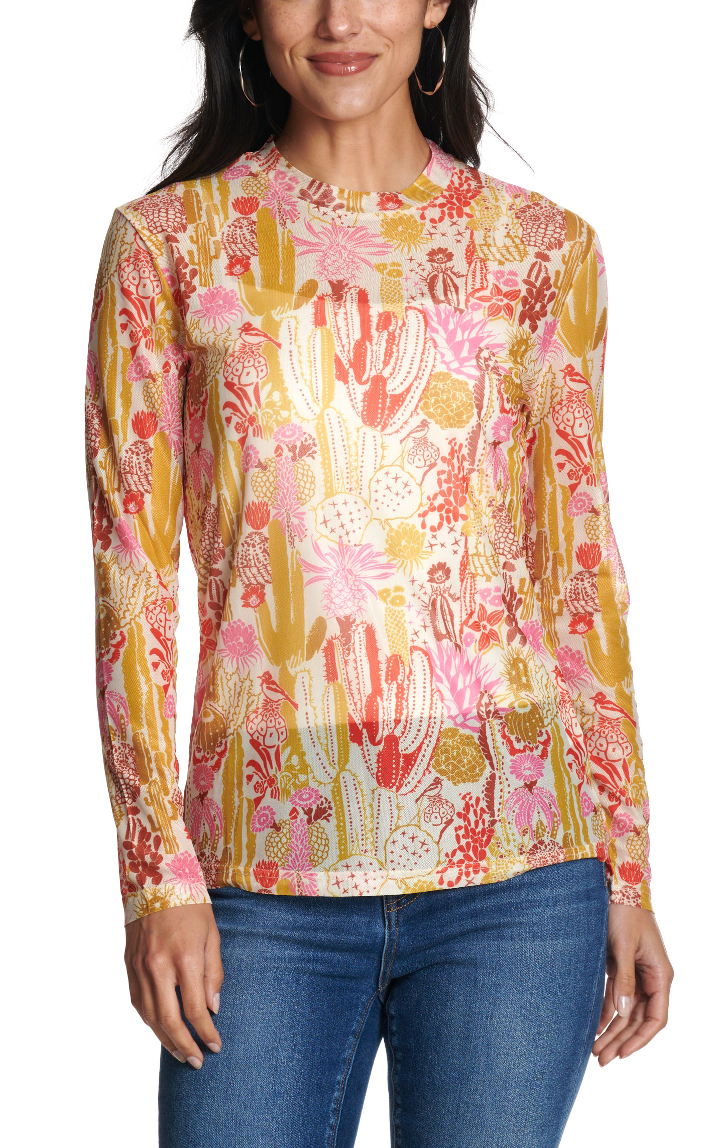 Turquoise Haven Women's Multicolor Cacti Print Mesh Top - Image 1