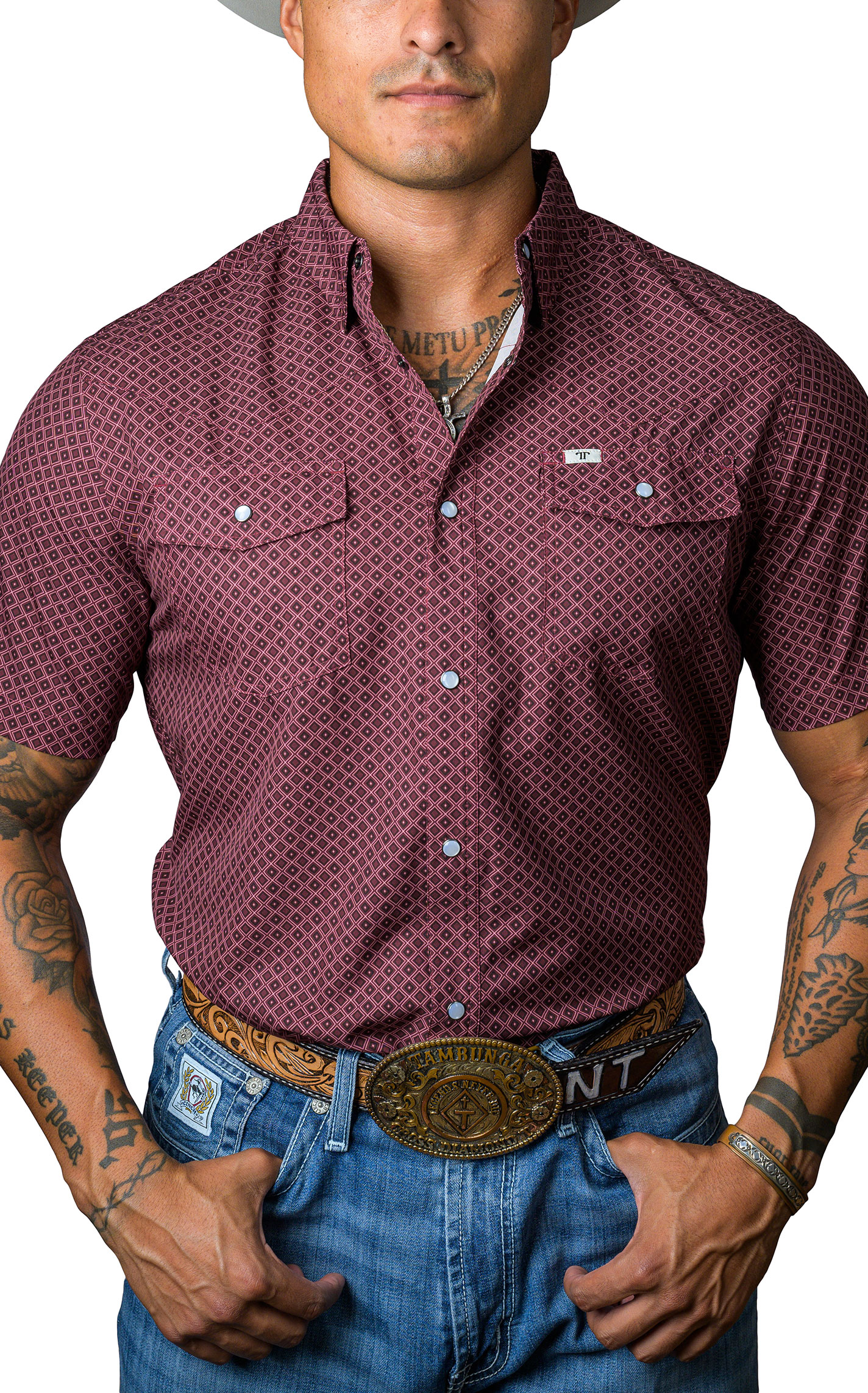 Ferrell Men's Wine & Burgundy Geo Print Western Shirt - Image 1