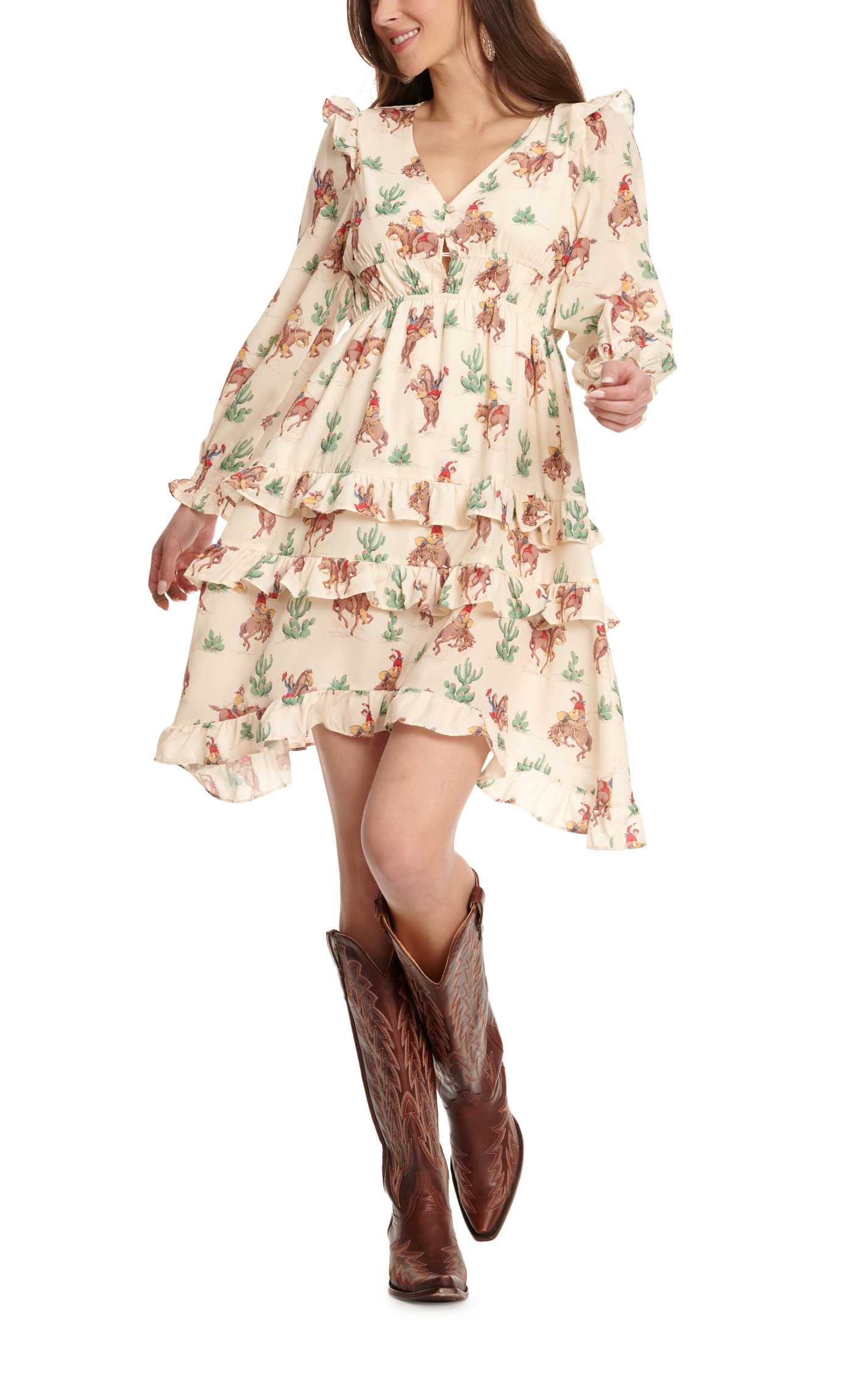 Fashion Express Women’s Cream & Vintage Desert Western Print Long Sleeve Shirt Dress - Image 1