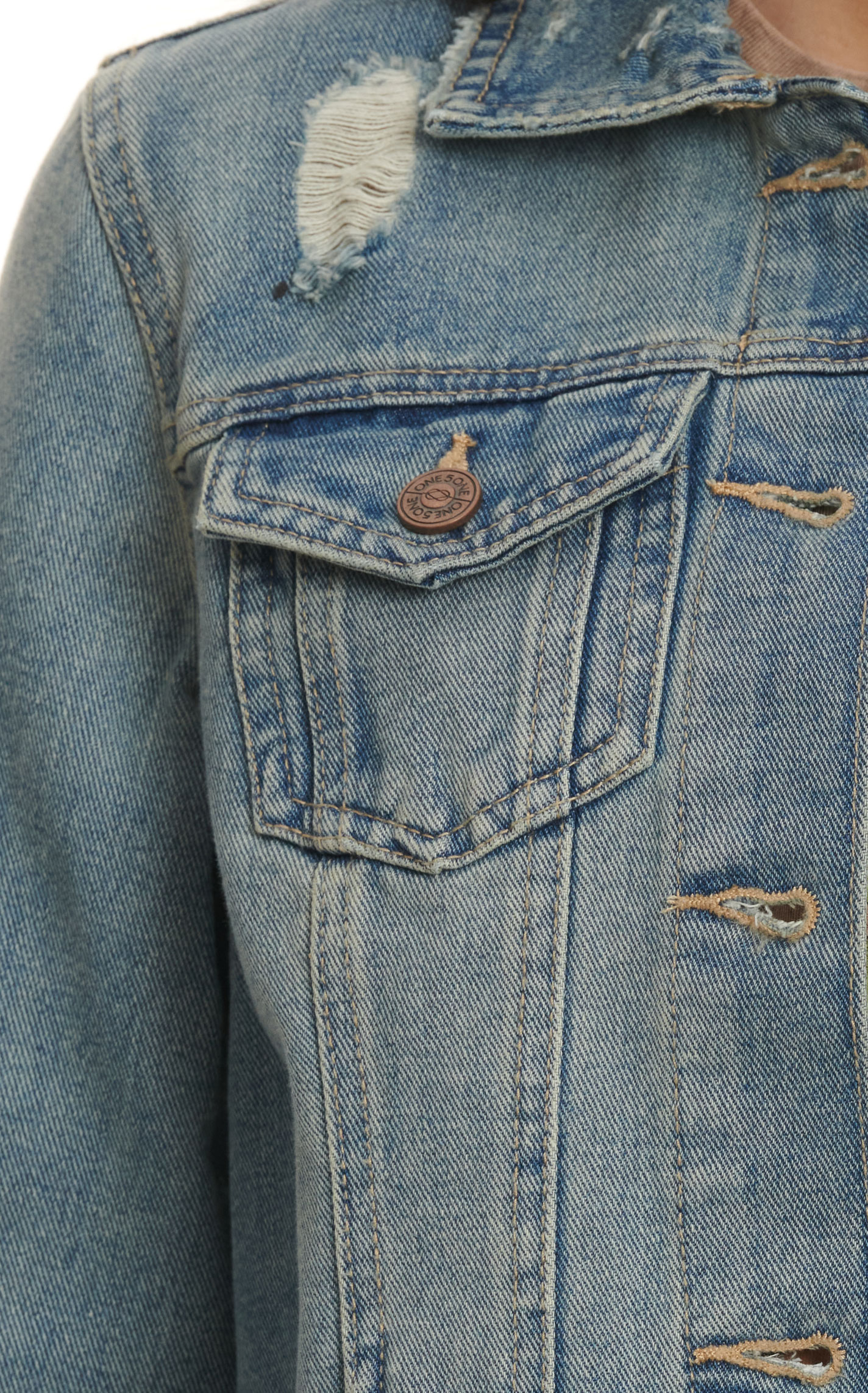 One5One Women's Light Stonewash Distressed Denim Jacket   - Image 1