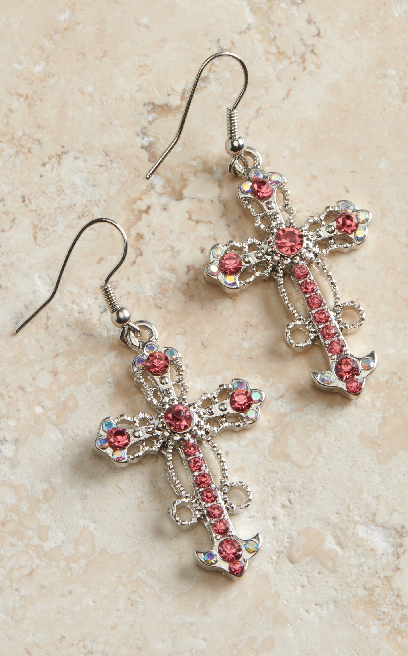 Blazin Roxx Women's Pink Crystal Cross Necklace & Earrings Set - Image 1