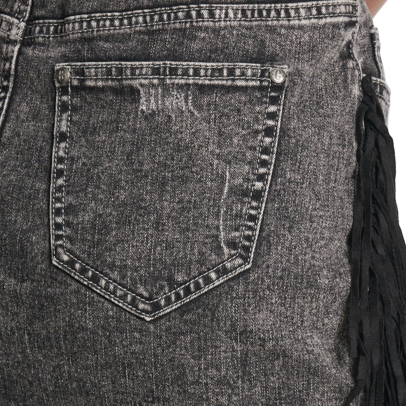 Rockin’ C Women’s Black Acid Wash Side Fringe Denim Skirt - Image 1