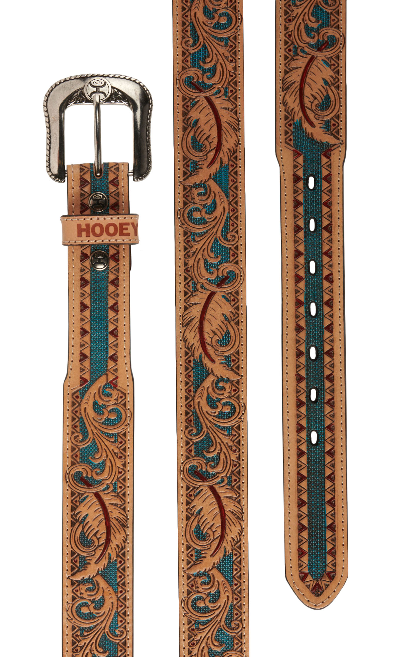 Hooey Men's Brown and Turquoise Feather Tooled Western Belt - Image 1
