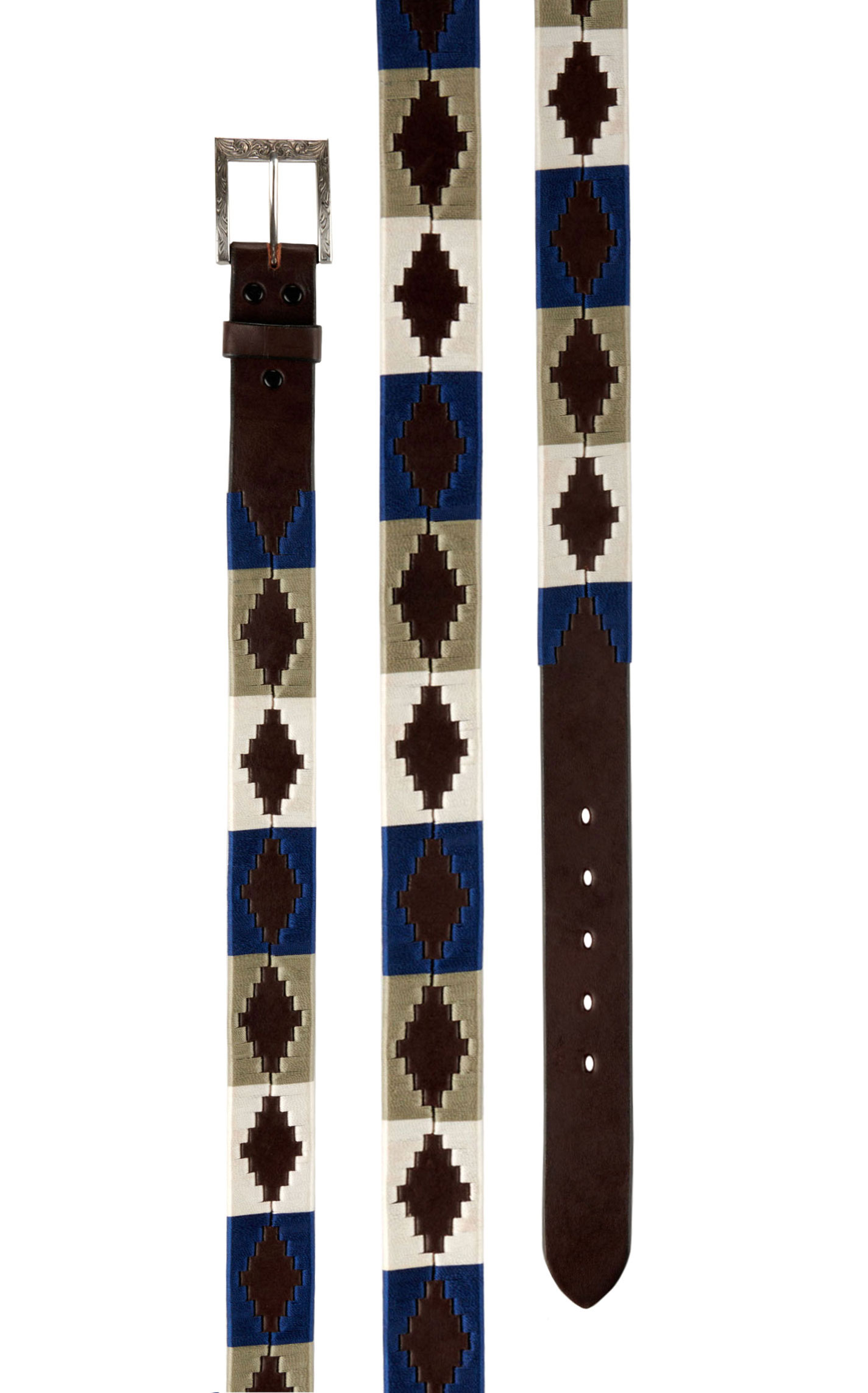 Rafter C Men's Navy & Cream Aztec Stitched Dark Brown Leather Western Belt - Image 1
