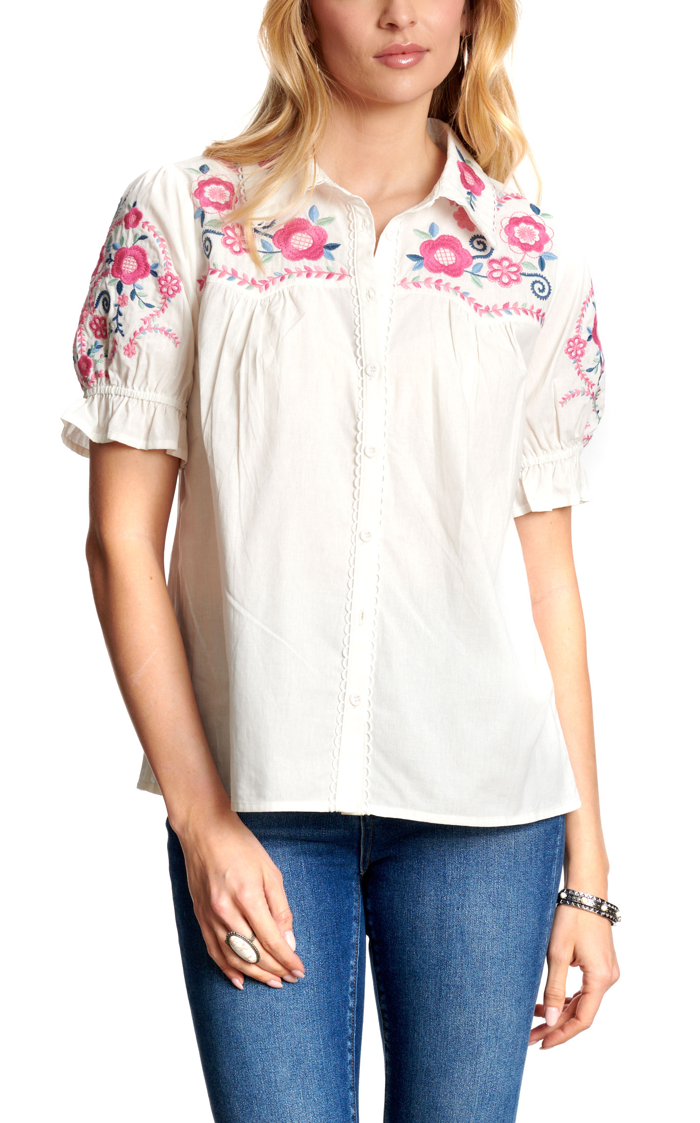 Rockin C Women's White With Floral Embroidery Top - Image 1