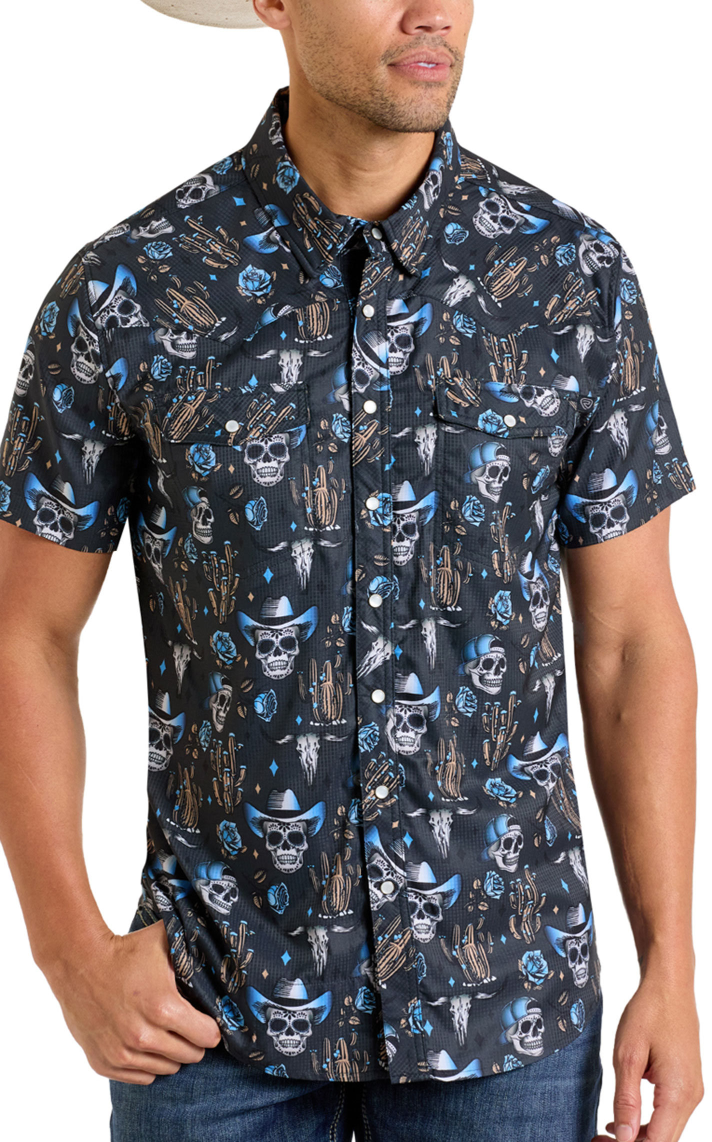 Rock & Roll Denim Men's Charcoal Cowboy Skull Print Shirt - Image 1