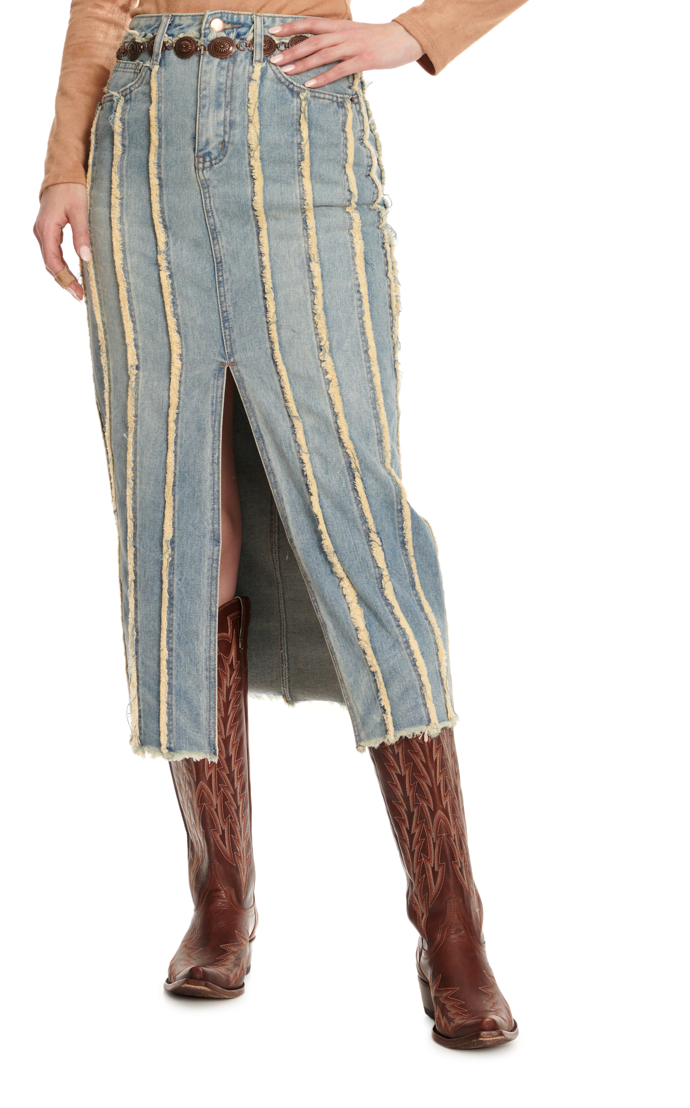 Blue B Women's Light Wash Frayed Seam Stripes Maxi Slit Front Skirt  - Image 1