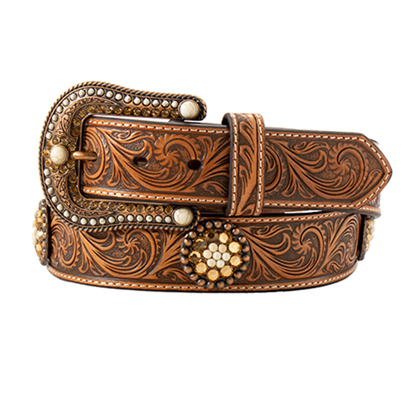 Nocona Ladies’ Tan Tooled Leather and Topaz Crystal Concho Belt - Image 1