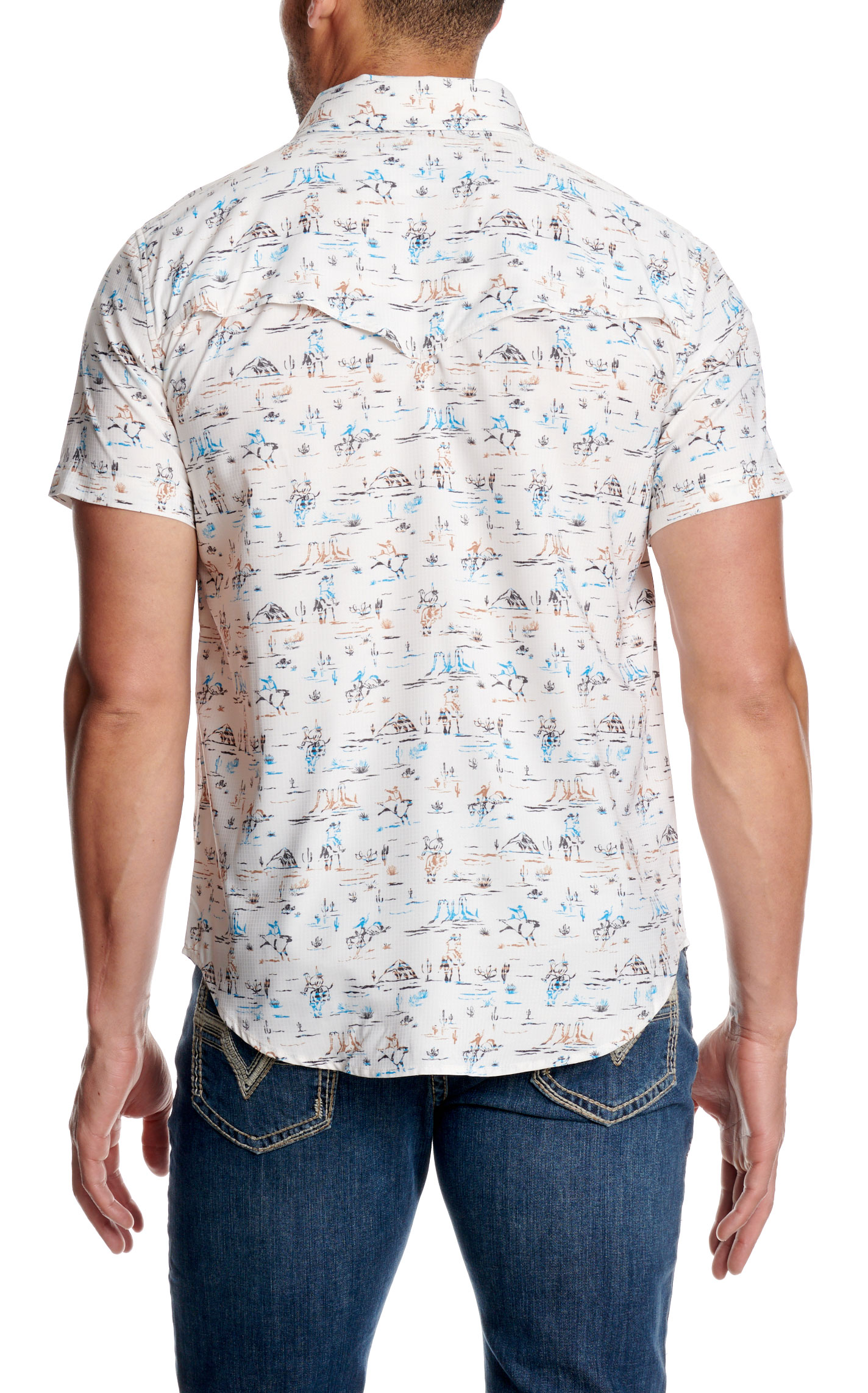 Rock & Roll Denim Men's Natural & Turquoise Western Print TEK Western Shirt - Image 1