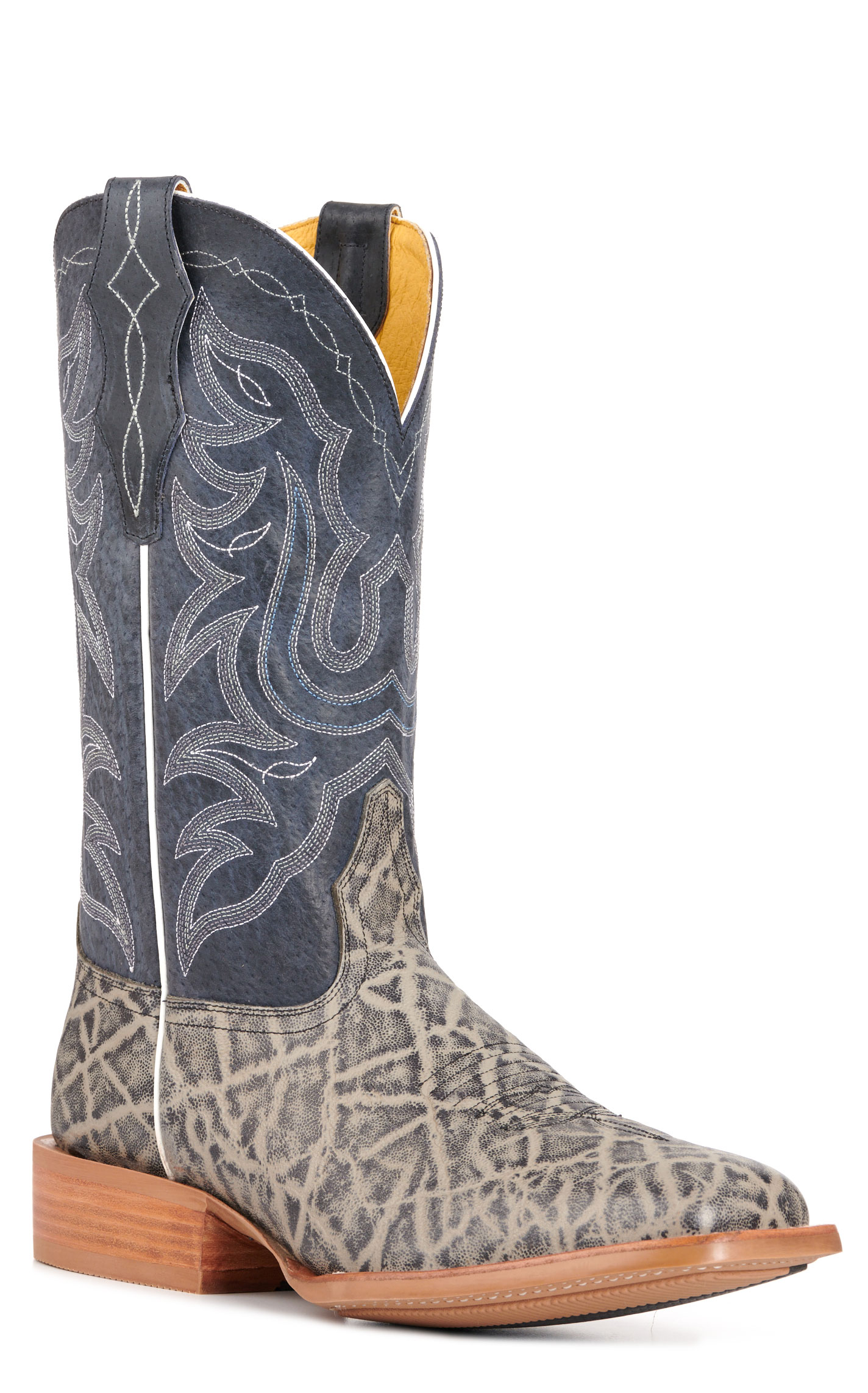 Cavender's Men's Intrepid Gray Elephant Print and Dark Blue Suede Wide Square Toe Cowboy Boots - Image 1