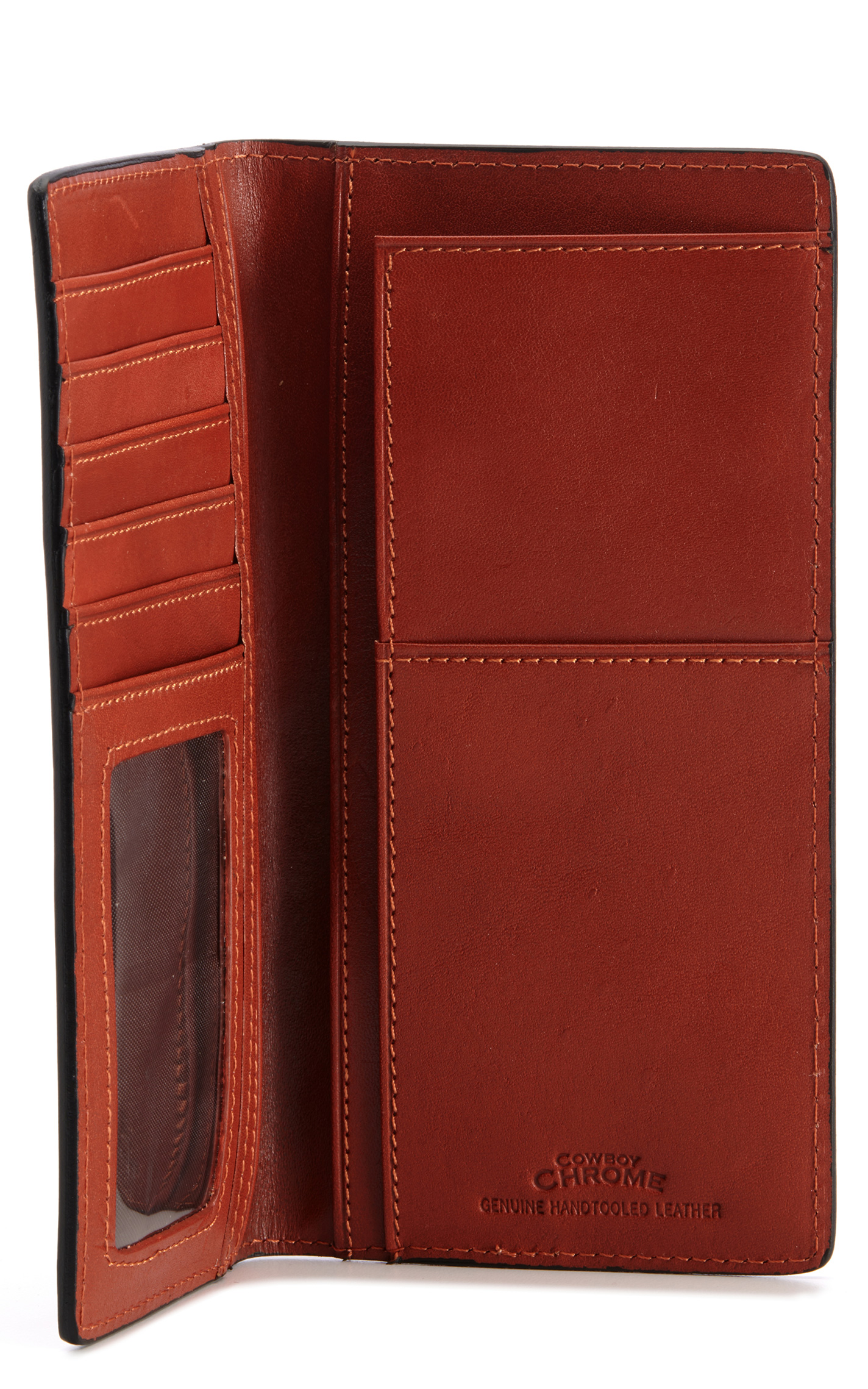 Cowboy Chrome Brown Floral Tooled Rodeo Wallet - Image 1