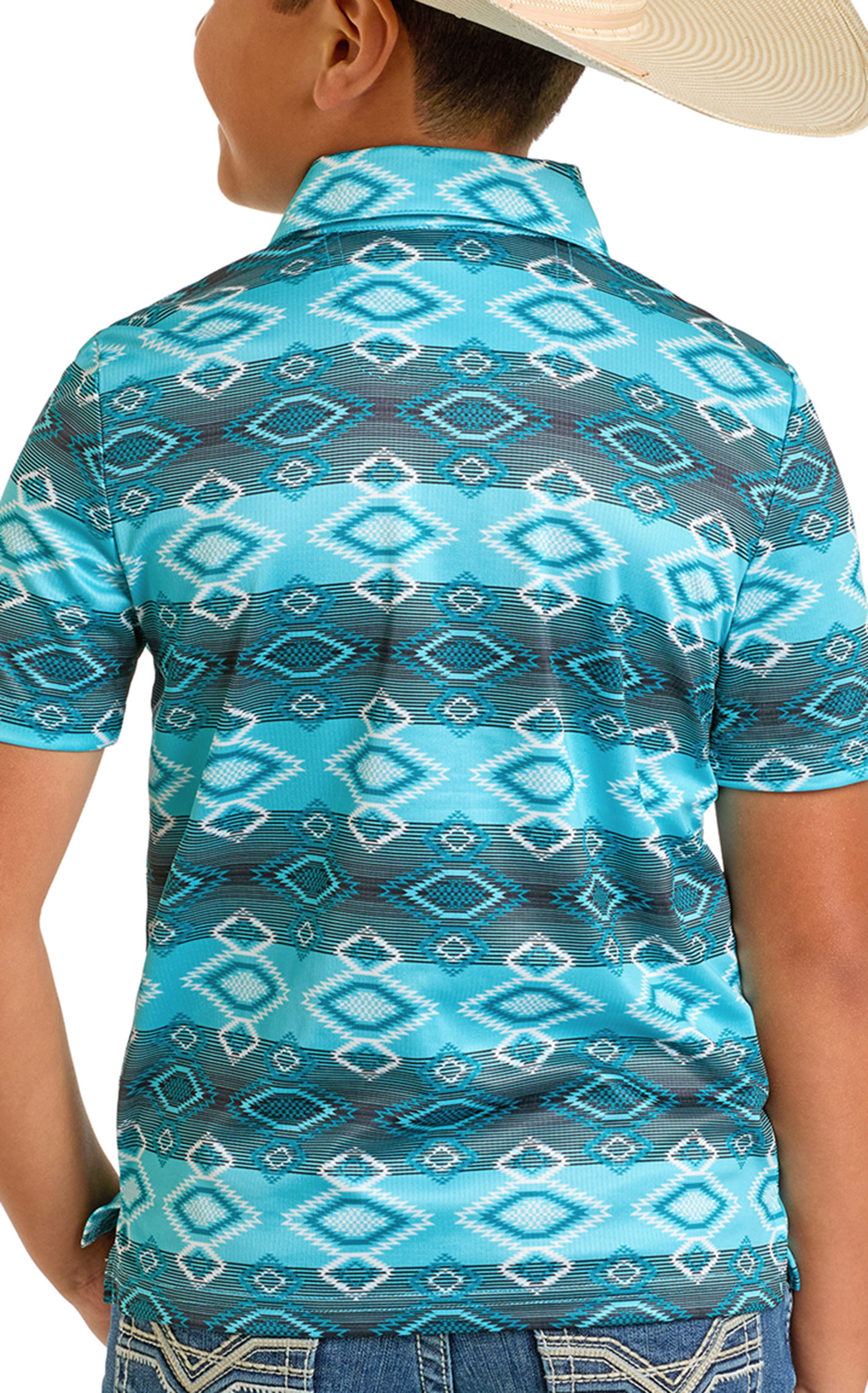 Rock & Roll Denim Boy's Turquoise & Black Aztec Polo Shirt - Image 1
