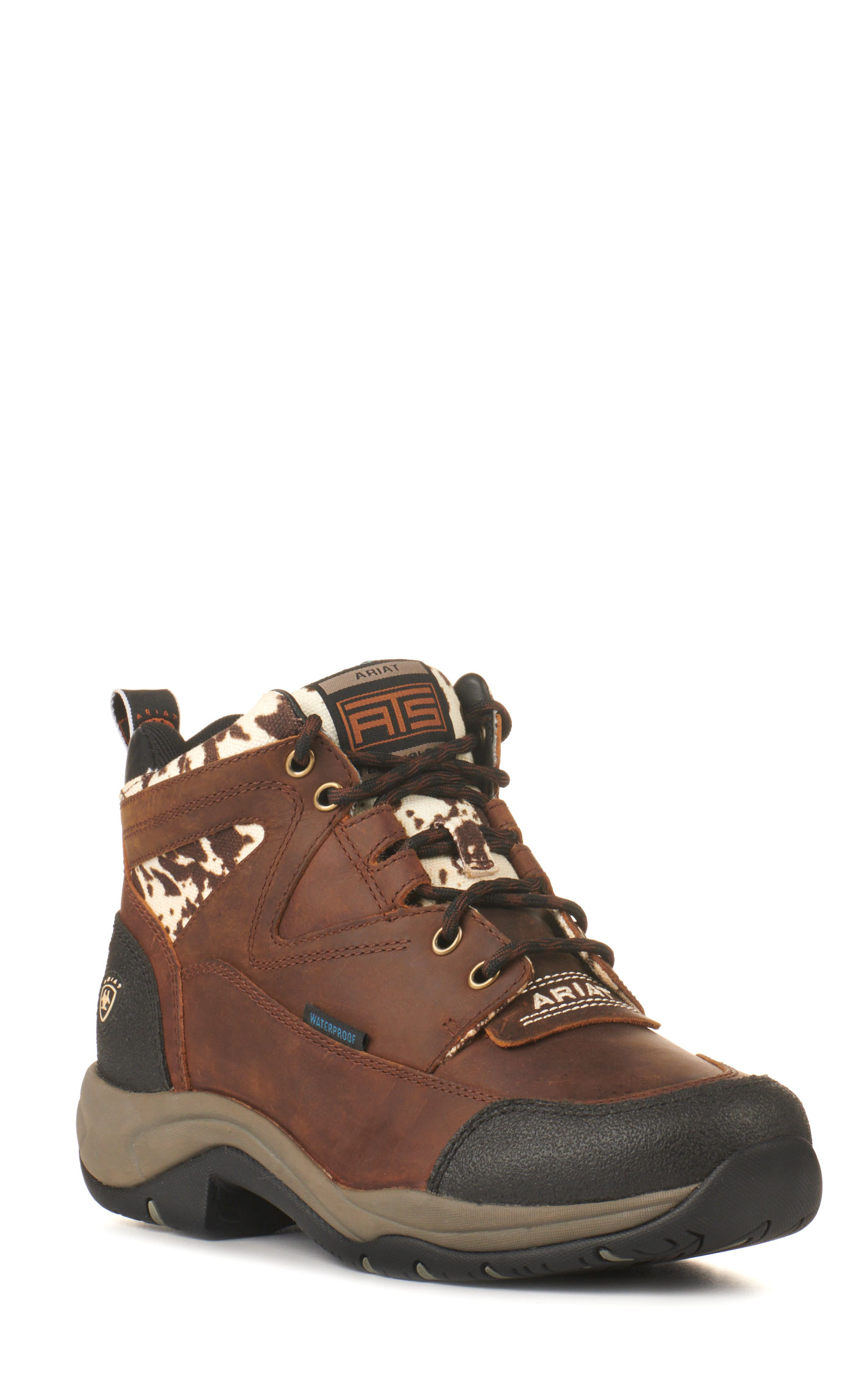 Ariat Women's Terrain Distressed Brown and Cow Print Waterproof Round Toe Lace Up Shoe - Image 1