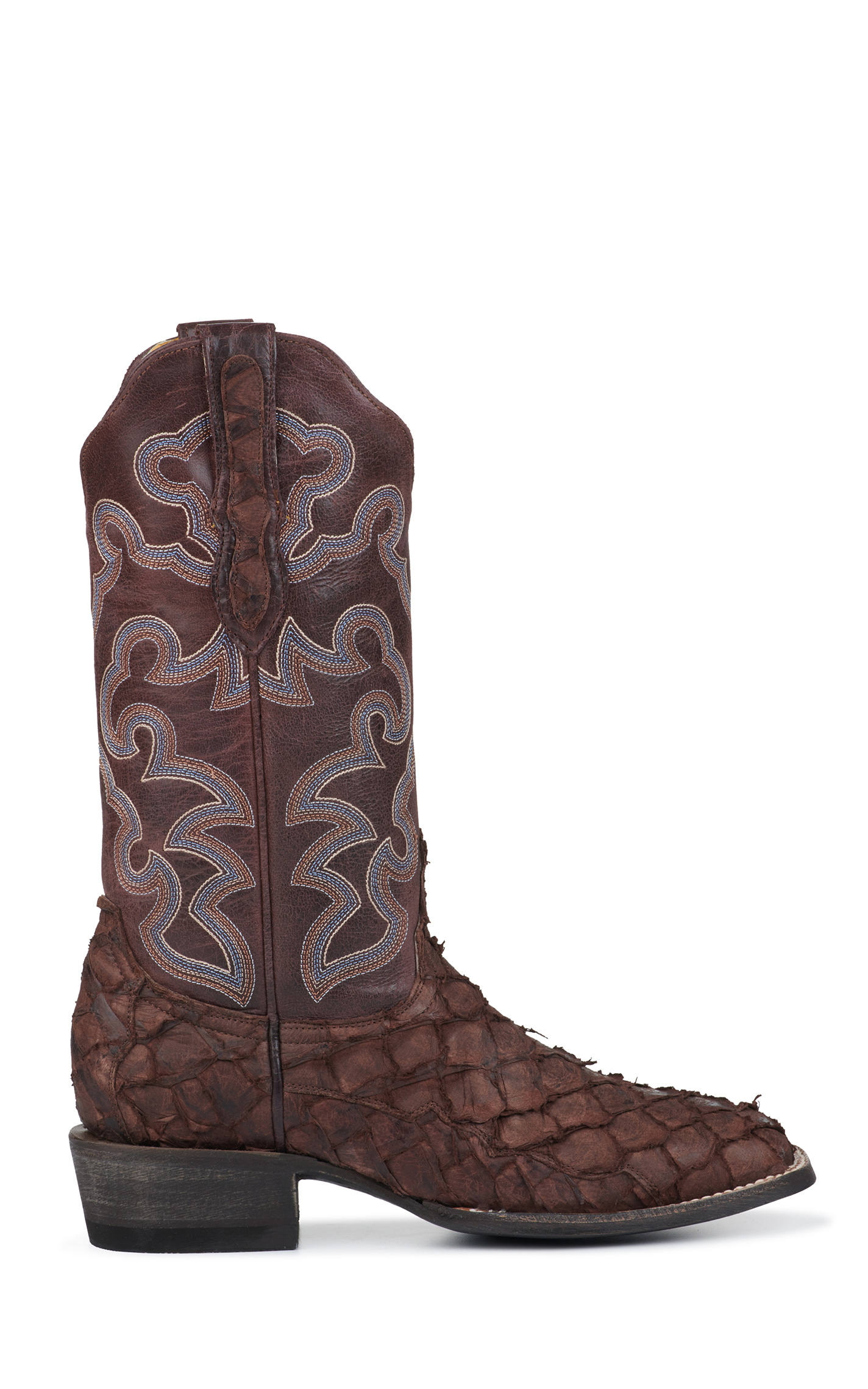 Cavender's Women's Cigar Brown Pirarucu and Chocolate Wide Square Toe Exotic Cowboy Boots - Image 1
