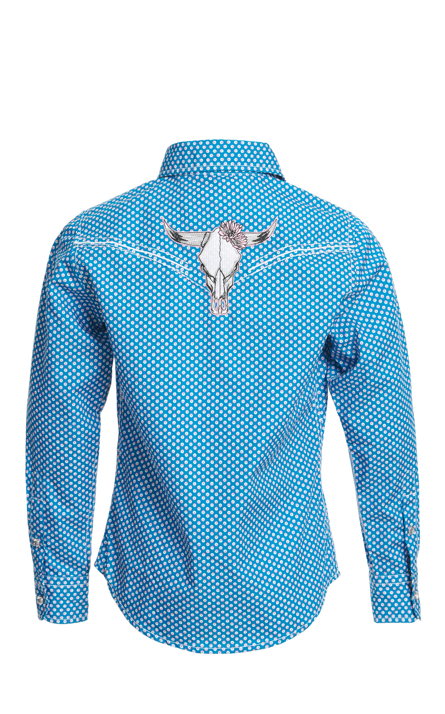 Cowgirl Hardware Girl's Aegean Blue White & Pink Doughnut Print Long Sleeve Western Shirt - Image 1