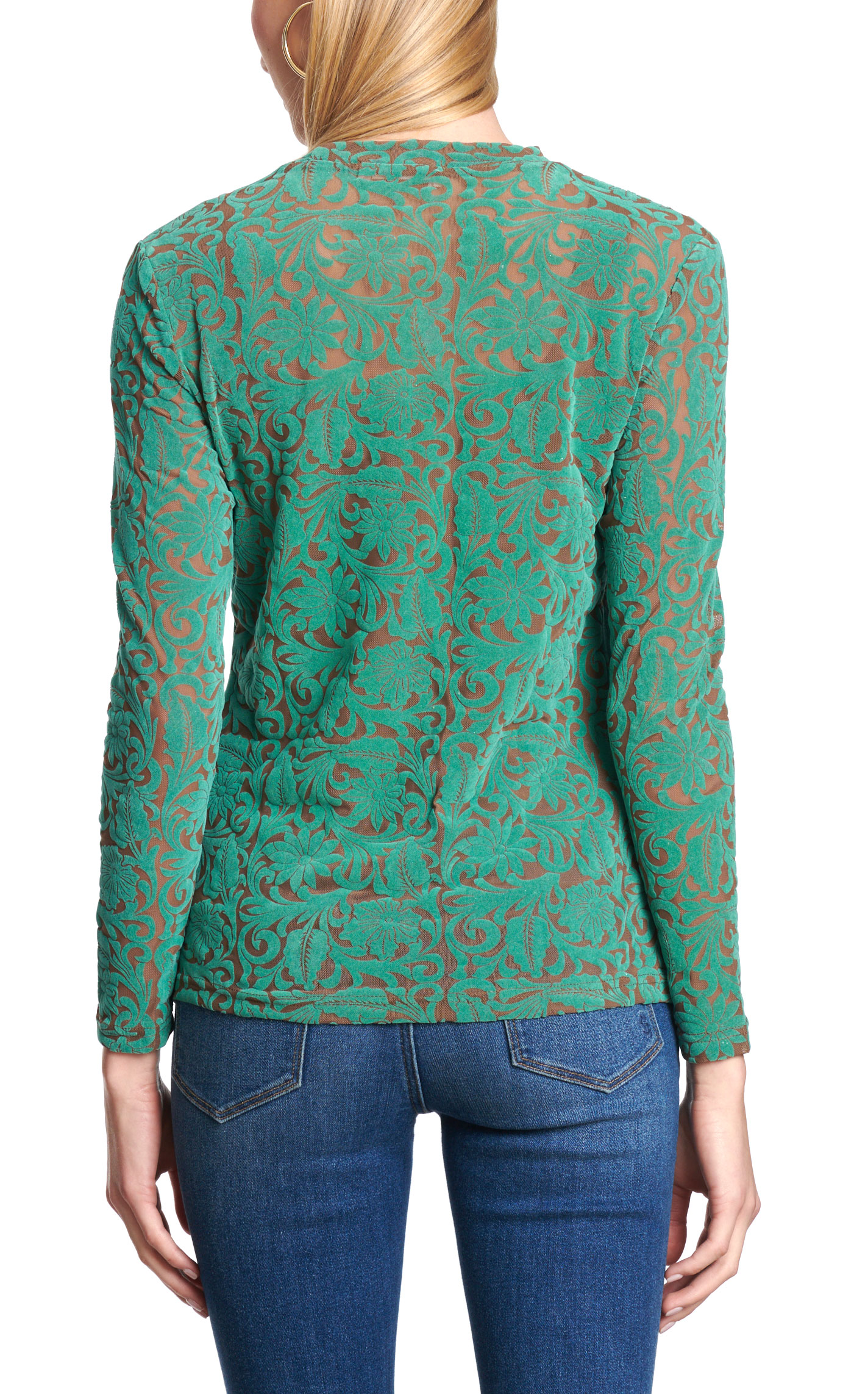 Marigold Kiss Women's Green Tooled Leather Print Mesh Top - Image 1