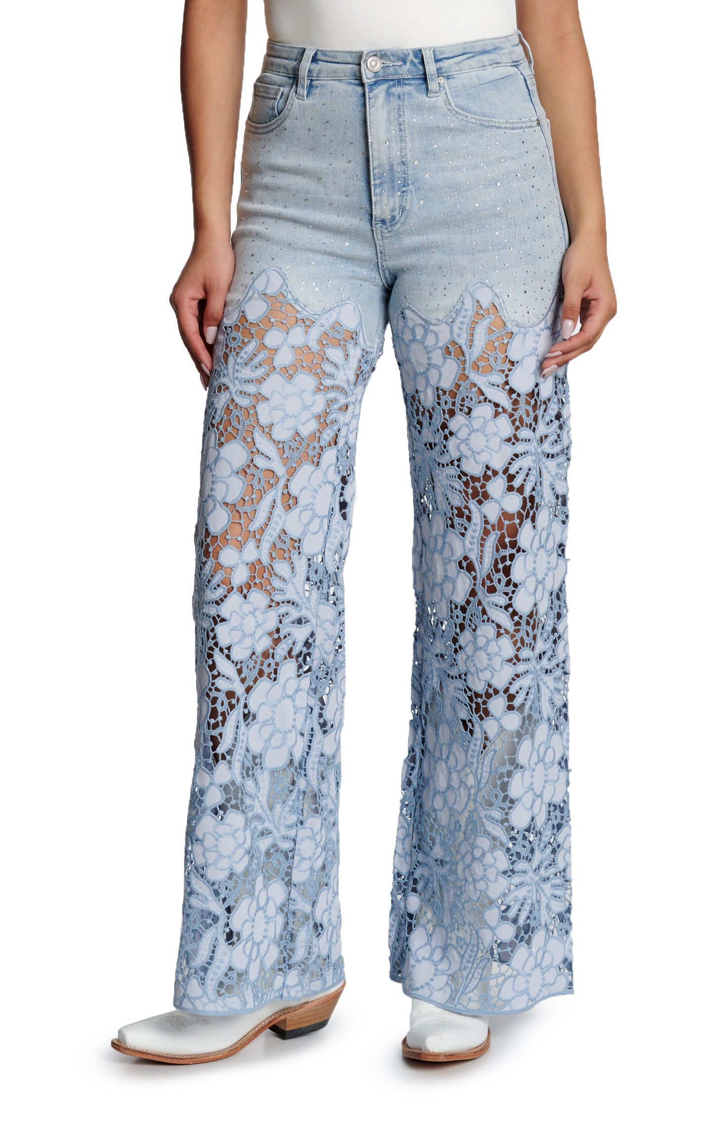 Bayeas Women's Light Wash Ultra High Rise Lace Wide Leg Jeans - Image 1