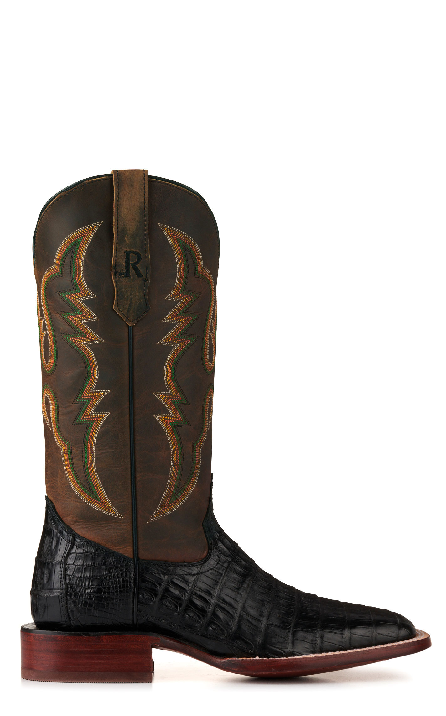 R. Watson Men's Black Caiman Tail and Tan Wide Square Toe Exotic Cowboy Boots - Image 1