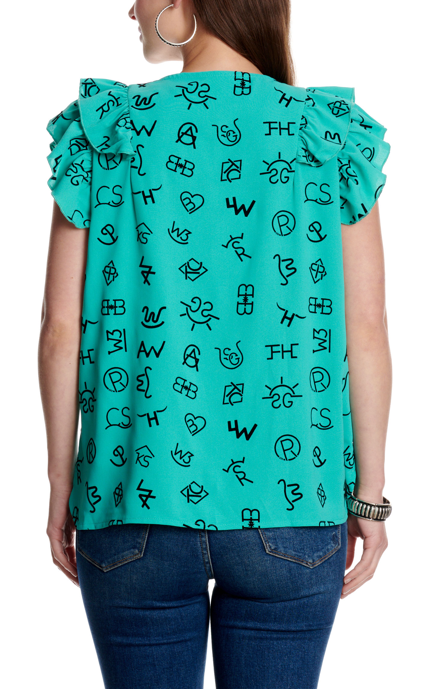 Marigold Kiss Women's Turquoise Branding Iron Print Ruffle Sleeve Top - Image 1