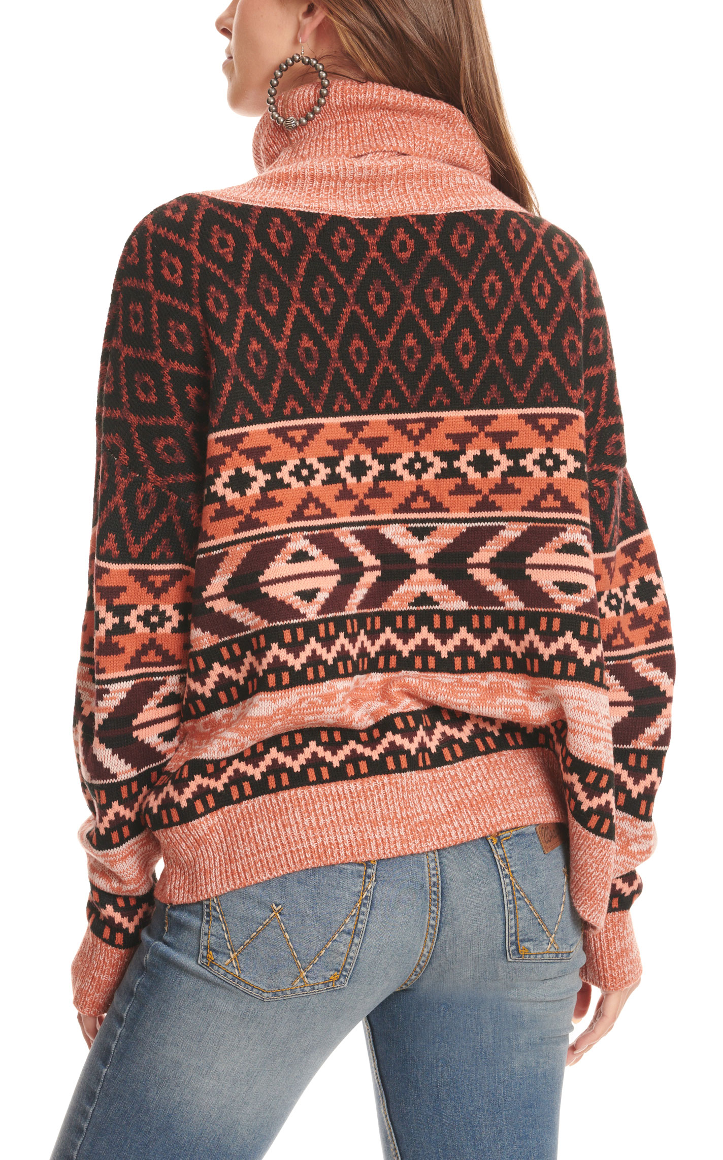 Wrangler Retro Women's Black & Tangerine Aztec Print Turtleneck Sweater - Image 1