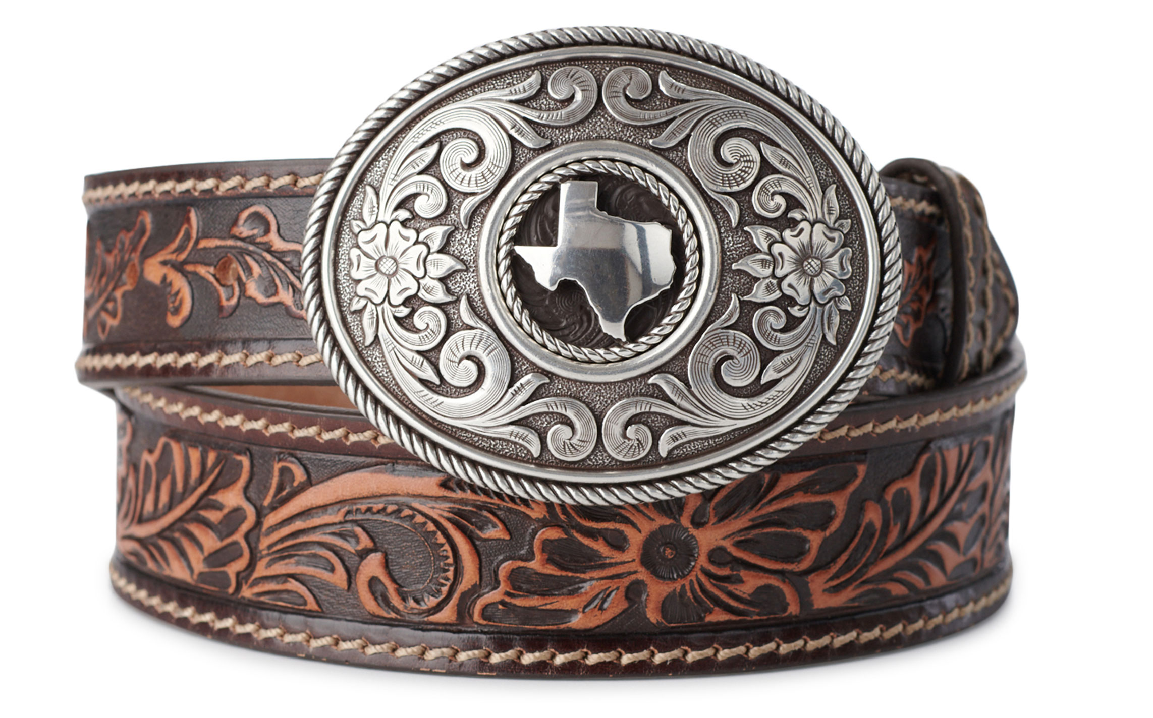Justin Brown Tooled Genuine Leather Triple T Ranch Western Belt - Image 1