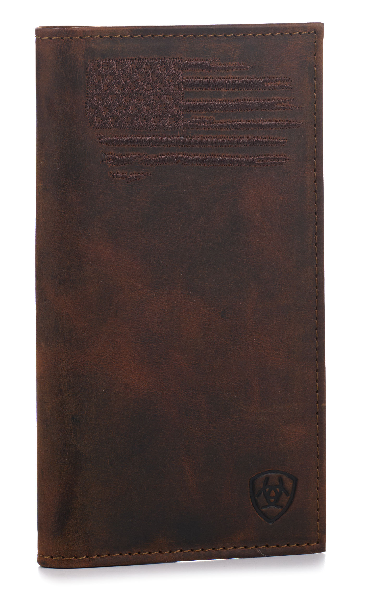 Ariat Men's Chocolate Flag & Shield Logo Rodeo Wallet - Image 1