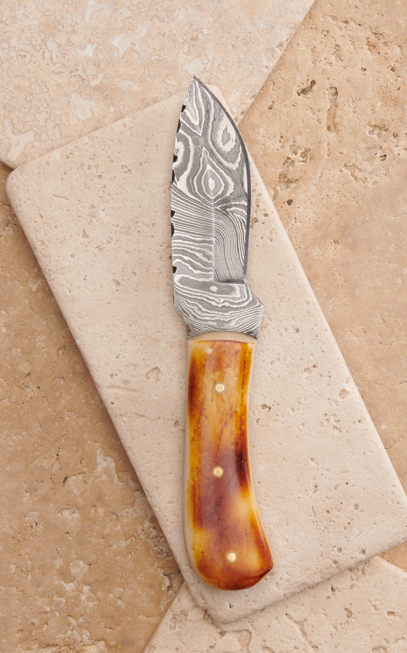 Circle SH Cutlery Damascus Blade and Burnt Bone Handle Knife with Leather Sheath - Image 1