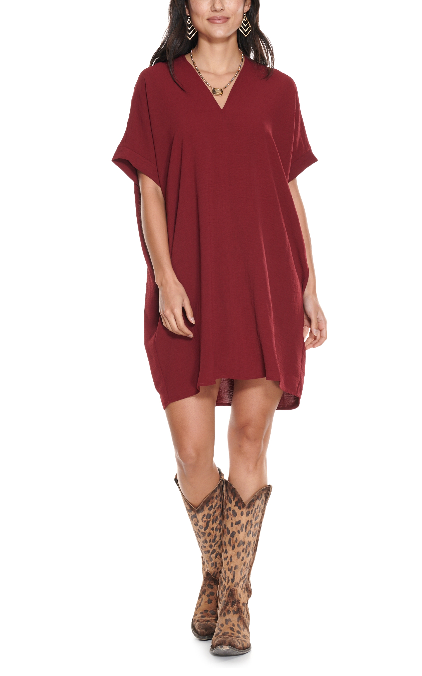 Newbury Kustom Women's Burgundy V-Neck Tunic Short Sleeve Dress - Image 1
