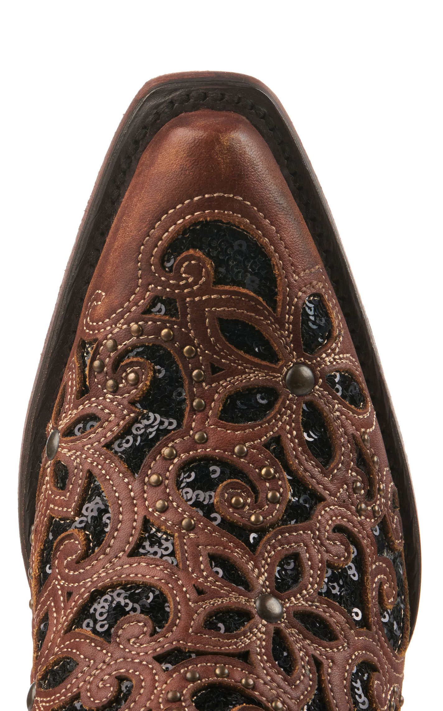 Corral Women's Brown with Black Glitter Inlay Snip Toe Cowboy Booties - Image 1
