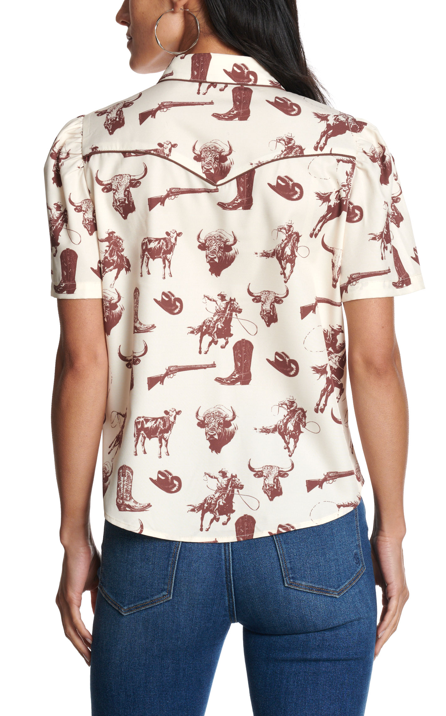 Rockin' C Women's Cream & Brown Rodeo Print Western Shirt - Image 1