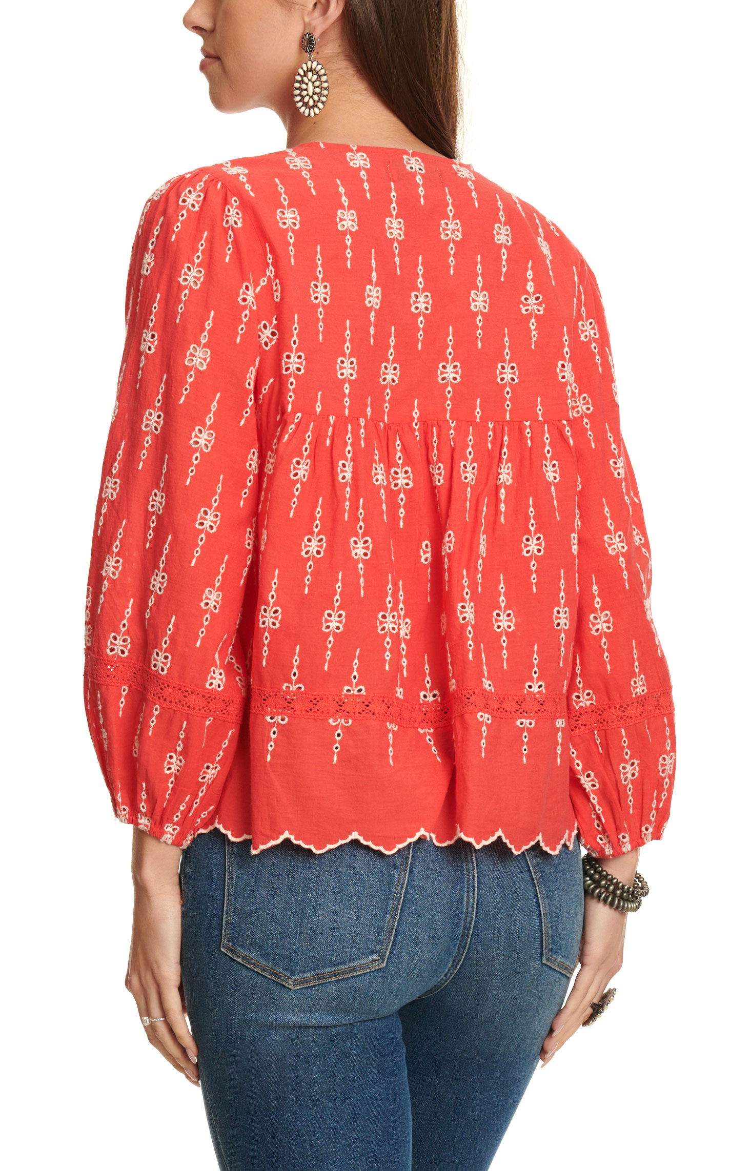 Rockin' C Women's Red with Lace & Cream Eyelet Long Sleeve Top - Image 1
