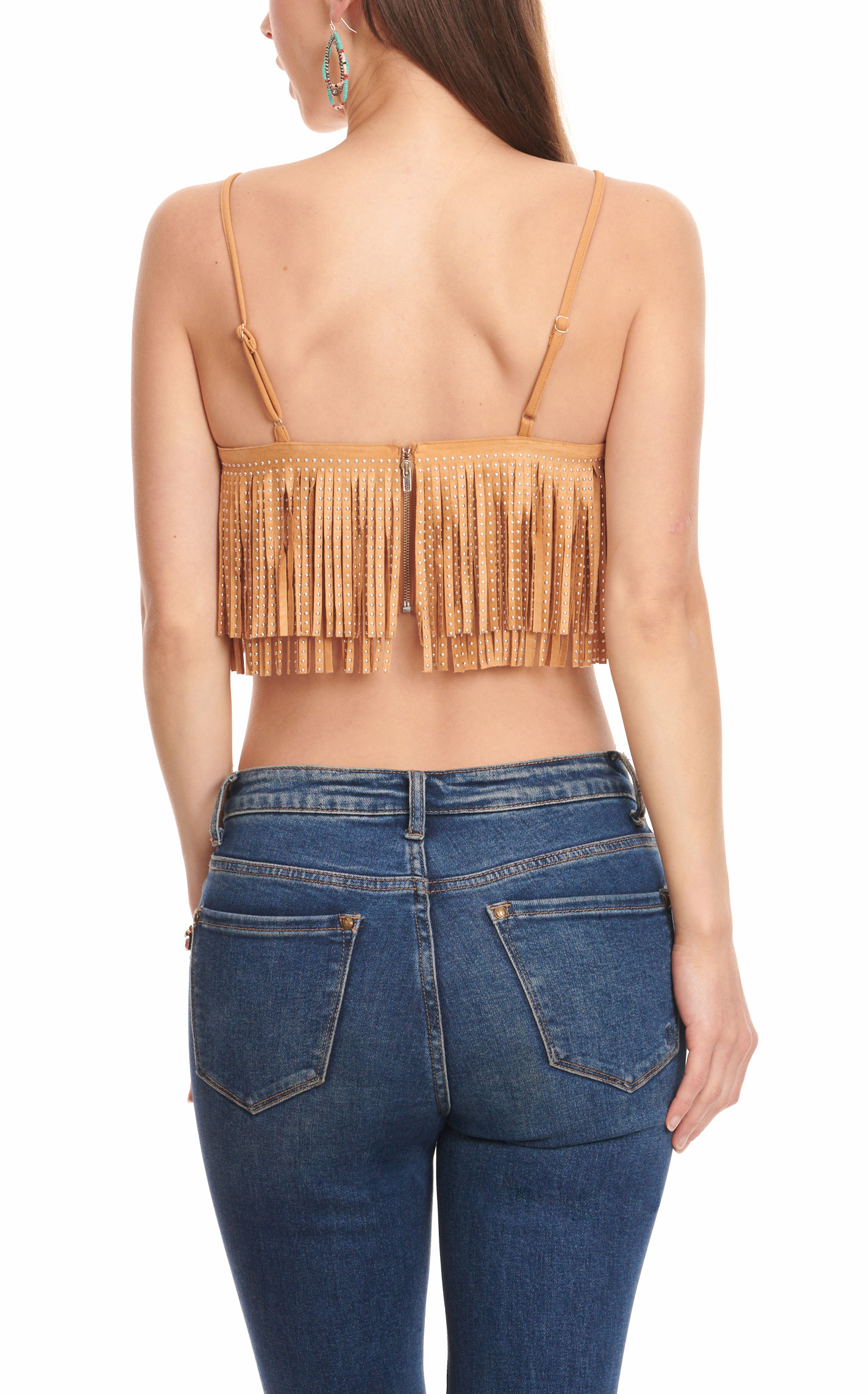 Mainstrip Women's Caramel Tiered Studded Fringe Sleeveless Cropped Top  - Image 1