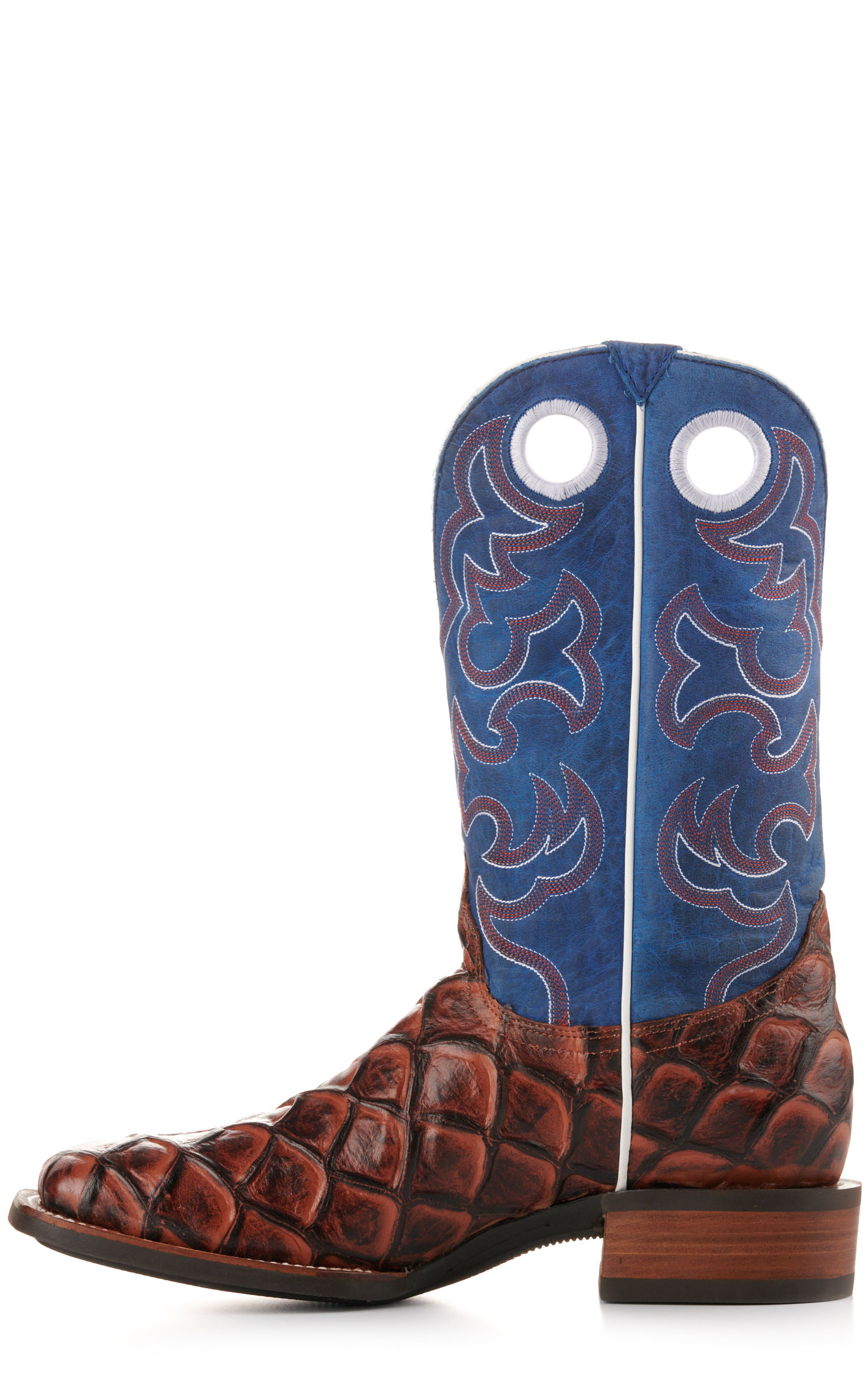 Cavender's Men's Intrepid Rust Pirarucu Print and Blue Wide Square Toe Cowboy Boots - Image 1