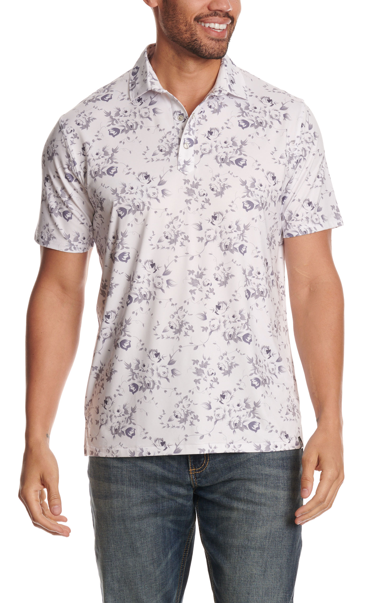 Rafter C Men's Gray Floral Performance Polo Shirt - Image 1