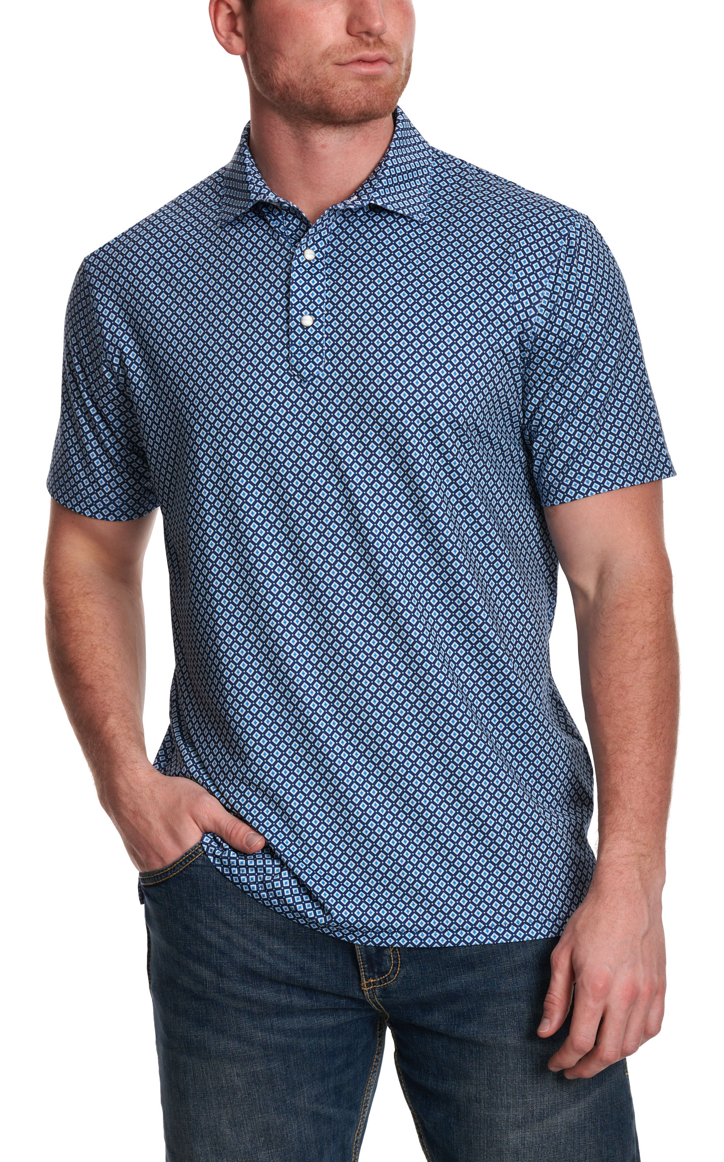 Rafter C Men’s May Navy Geo Print Polo Shirt - Image 1