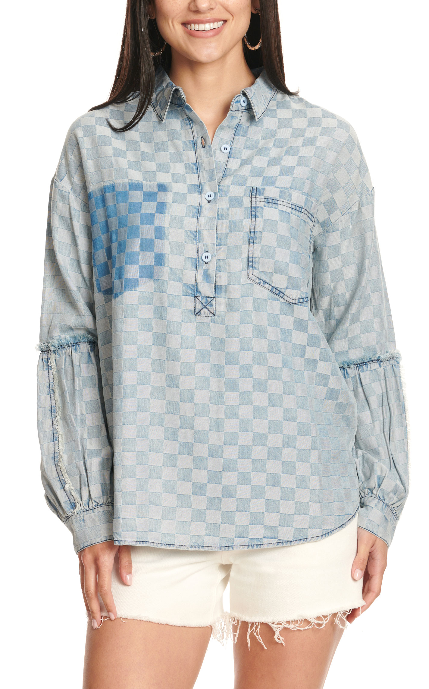 MAZIK Women's Faded Light Wash Denim Checkered & Distressed Top - Image 1