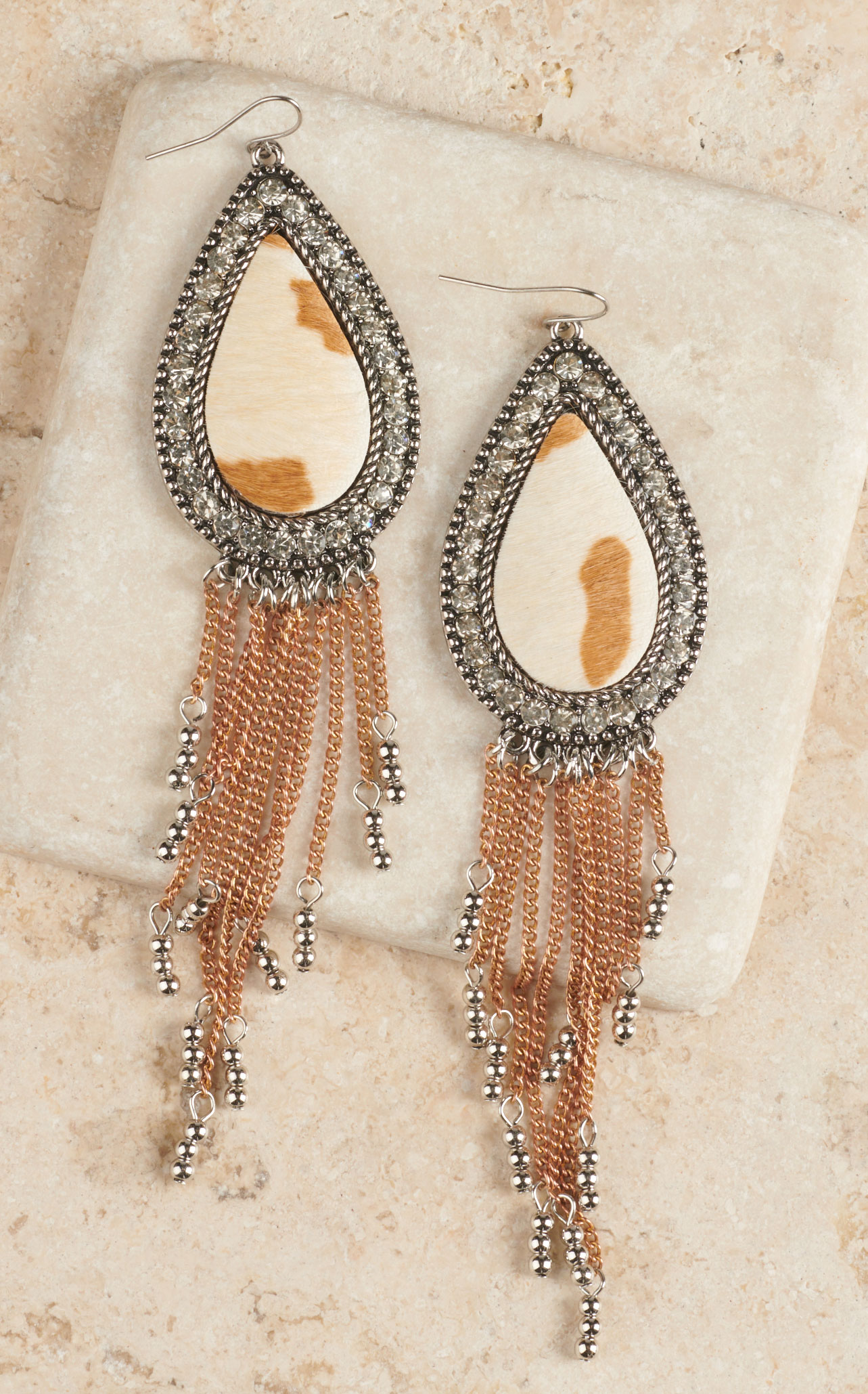 Cowgirl Confetti Women's Honey Hair on Hide Tear Drop Crystals Accents Copper Waterfall Earrings - Image 1