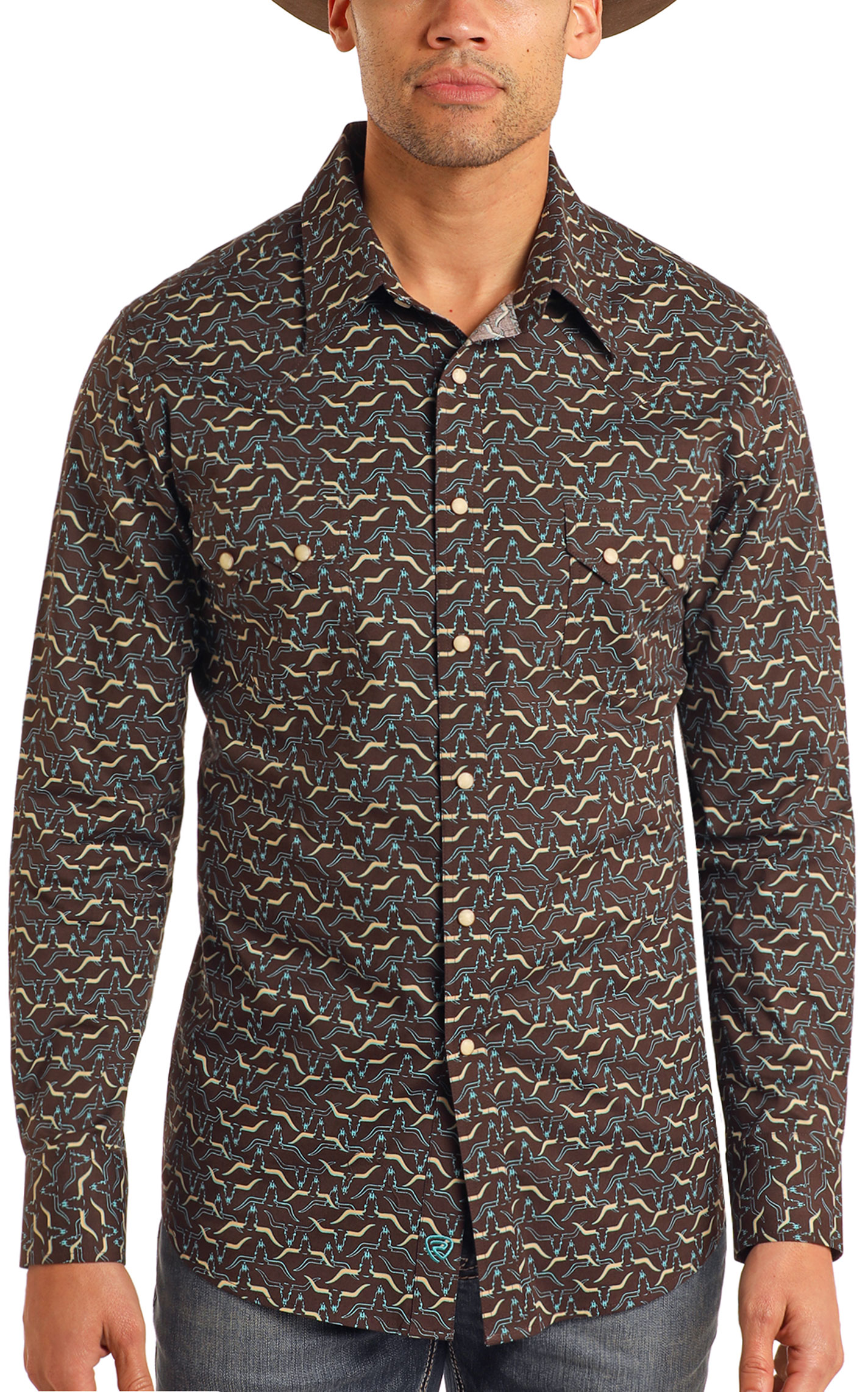 Rock & Roll Denim Men's Chocolate & Longhorn Print Western Shirt - Image 1