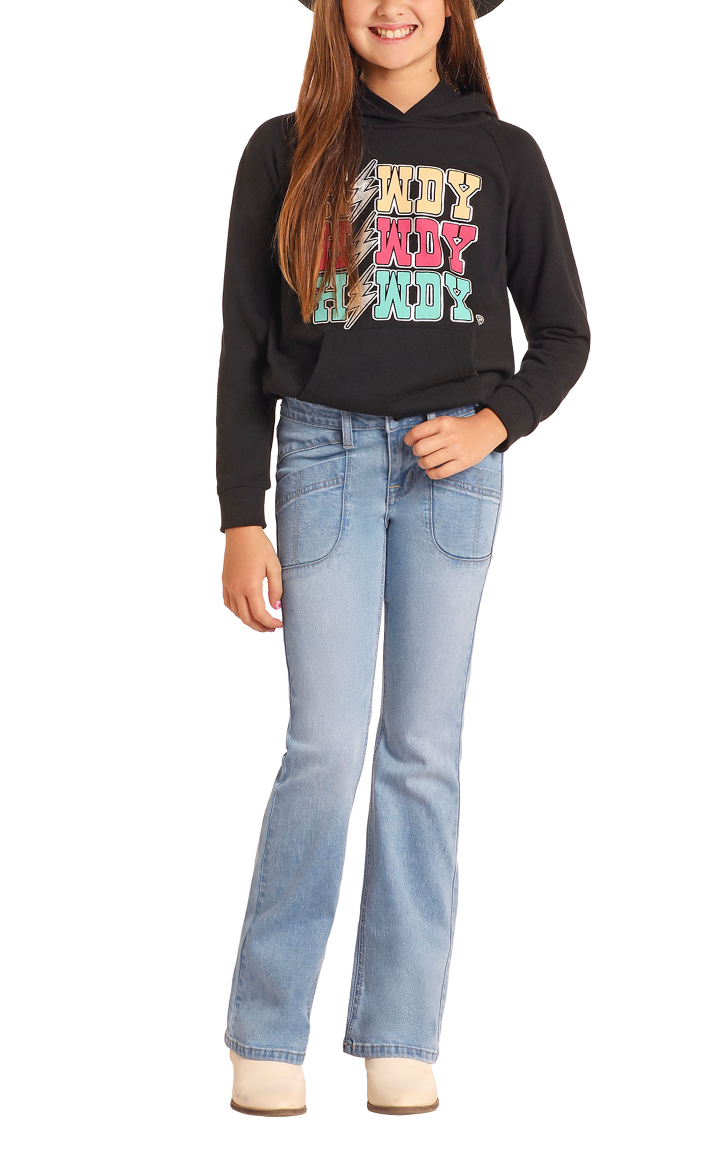 Rock & Roll Denim Girl's Light Wash Detail Pocket Boot Cut Jeans - Image 1