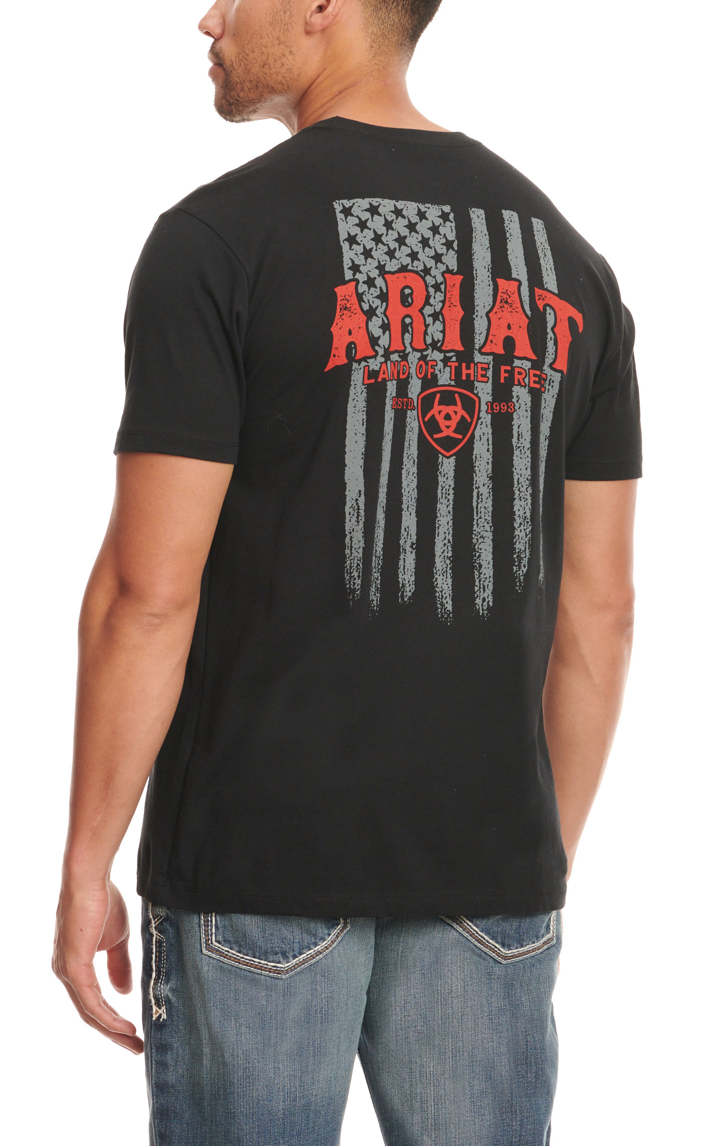 Ariat Men's Black Vertical Black & Gray Flag Logo Graphic Short Sleeve T-Shirt - Image 1