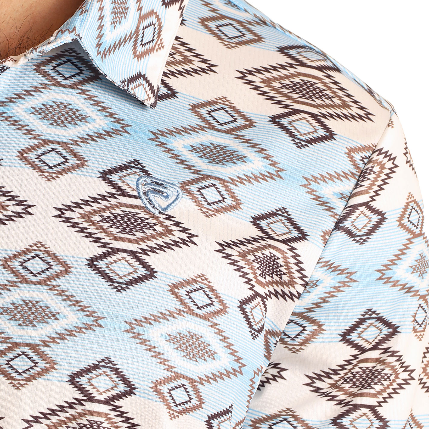 Rock & Roll Denim Men's White and Light Blue Aztec Print Polo - Image 1