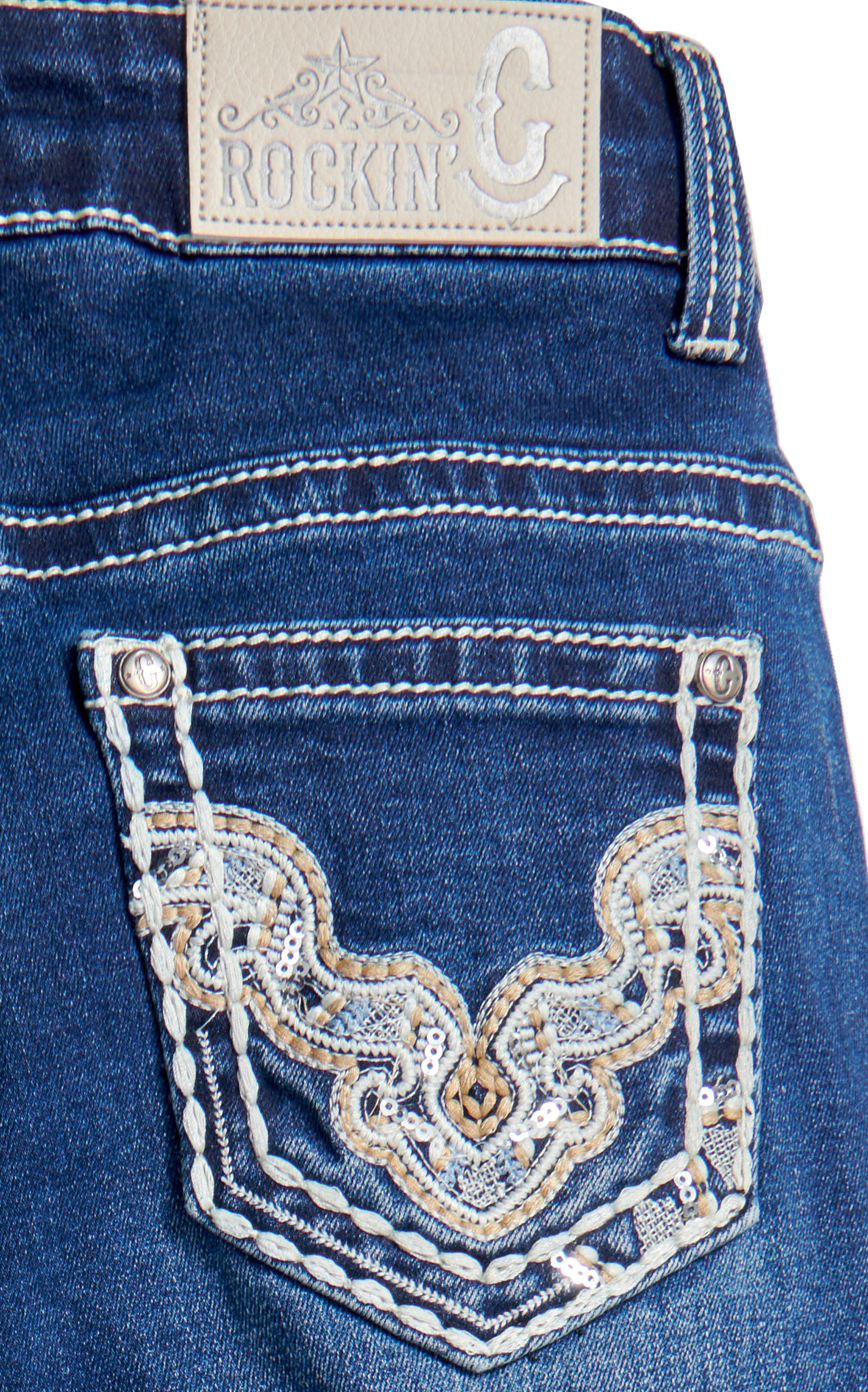 Rockin C Girl's Dark Wash Embroidery & Sequin Pocket Jeans  - Image 1