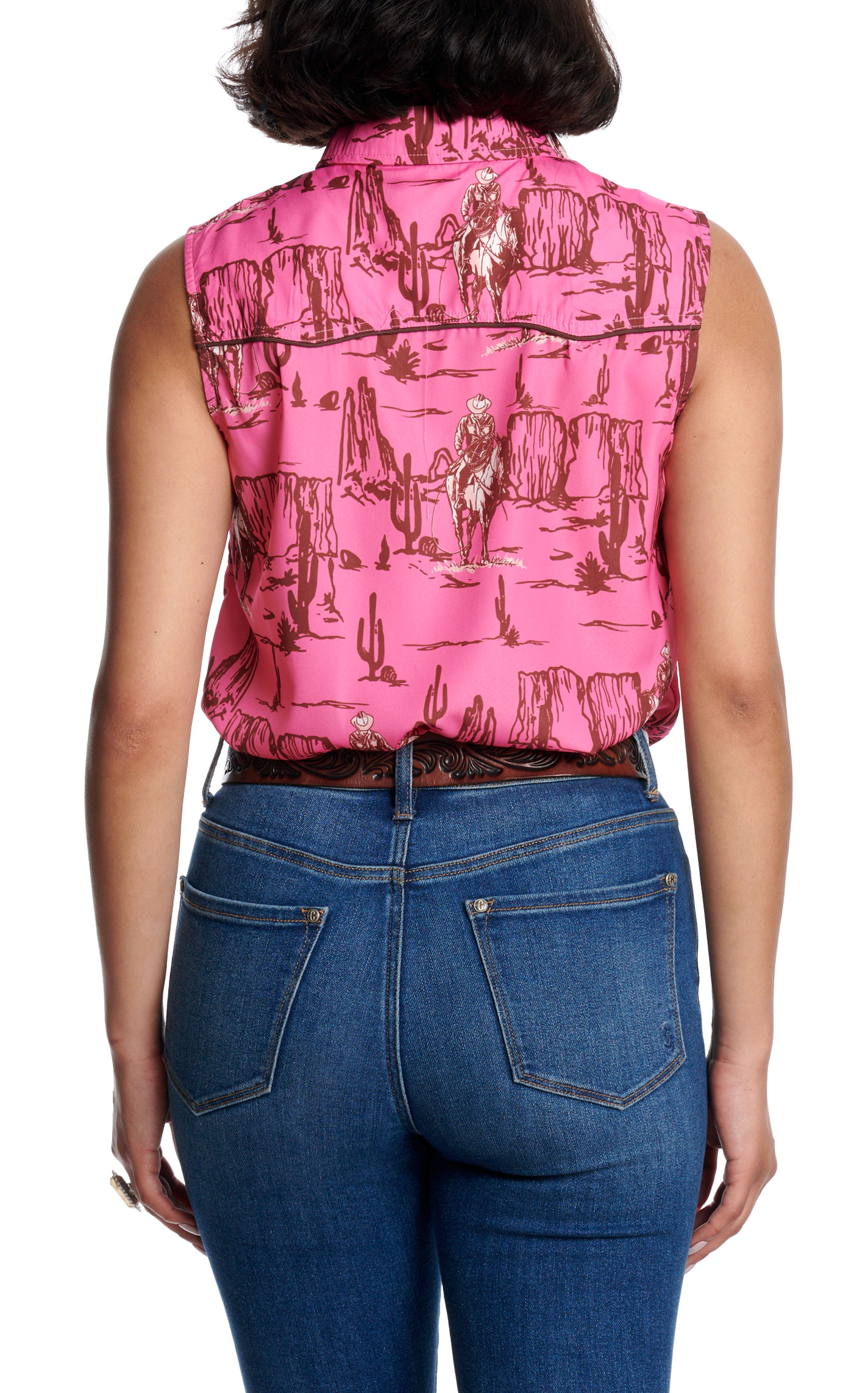 Fashion Express Women's Pink Western Print Sleeveless Button Up Shirt - Image 1