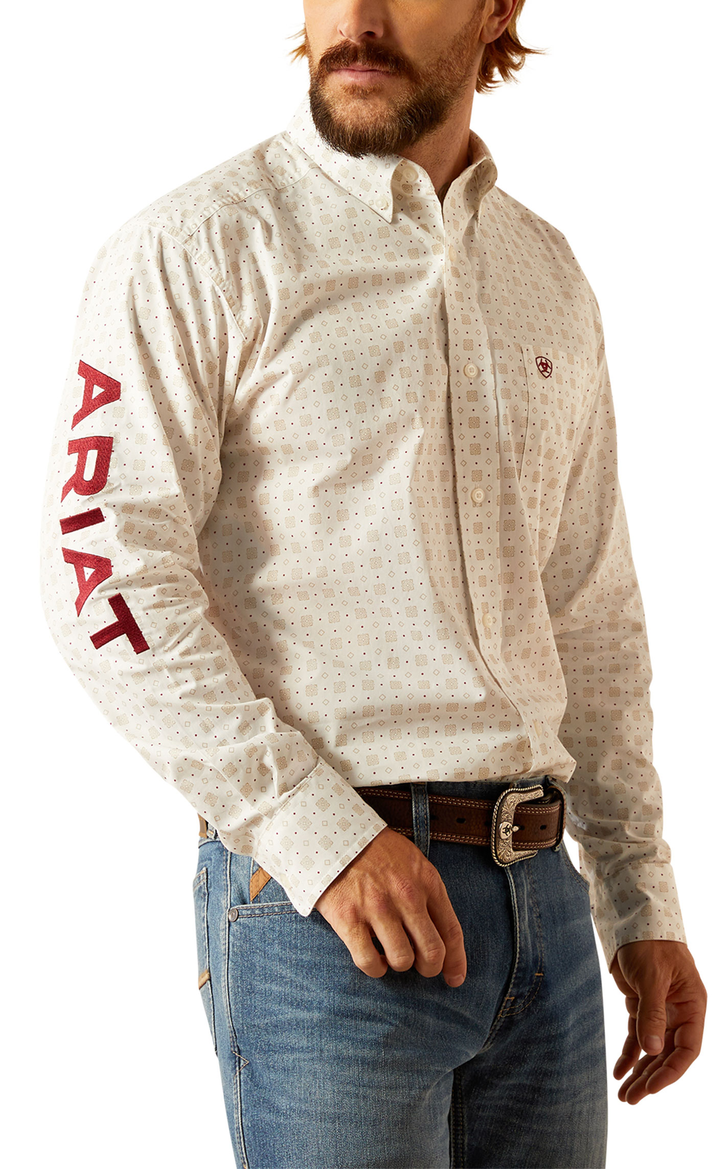 Ariat Men's Team White & Taupe Logo Embroidery Western Shirt - Image 1