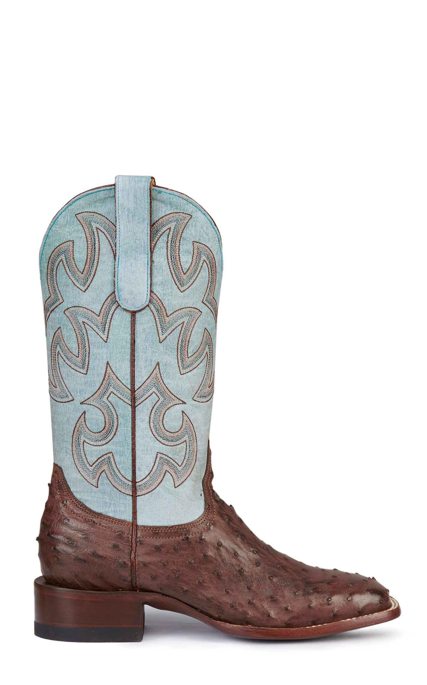 Cavender’s Women’s Sky Blue Leather and Bruchiato Moka Brown Full Quill Ostrich Exotic Square Toe Cowboy Boots - Image 1