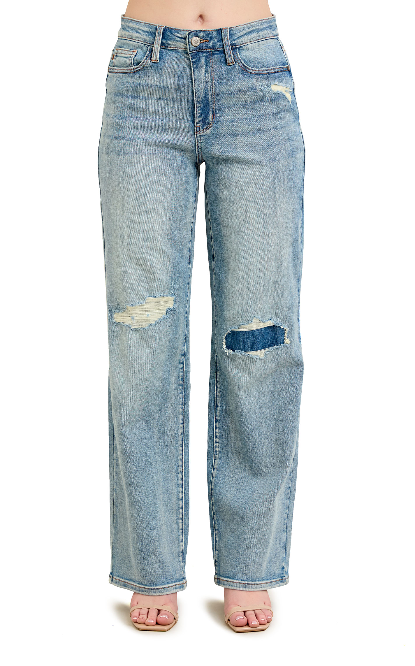 Judy Blue Women's Light Wash High Rise Distressed Knee Patch Straight Leg Jeans - Image 1